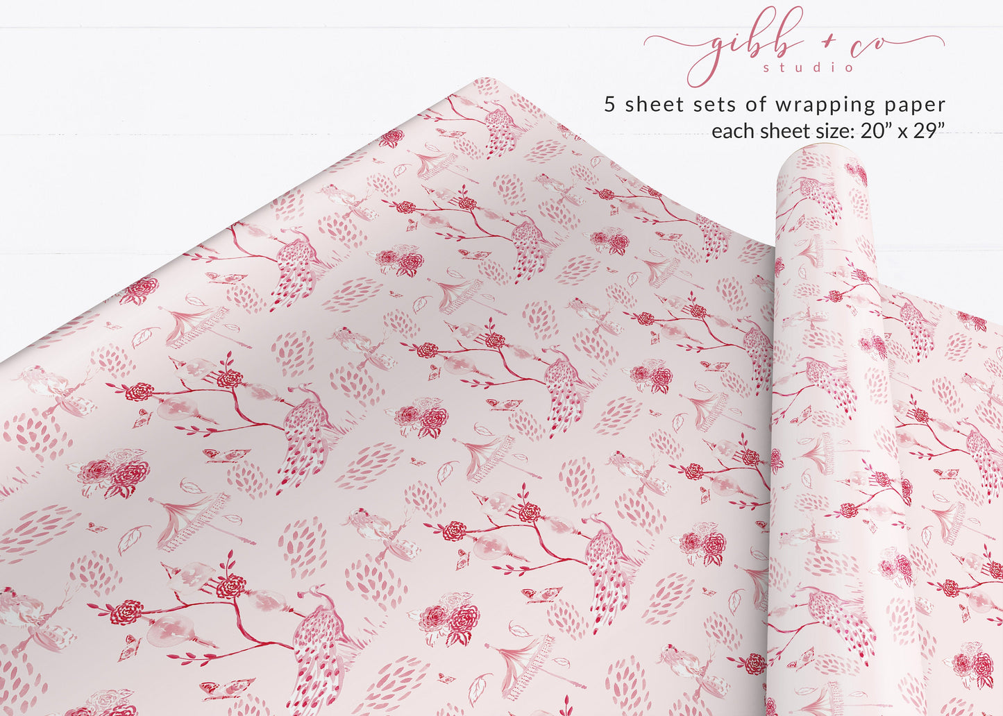 Pink Peacock Chinoiserie wrapping paper