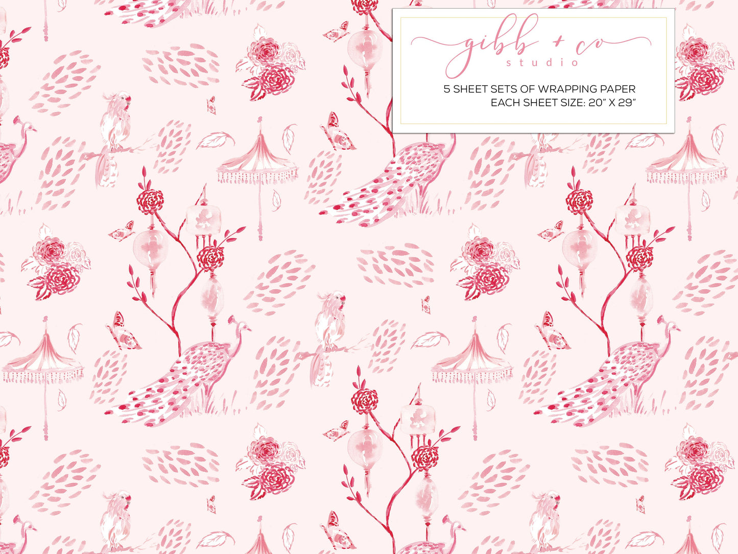 Pink Peacock Chinoiserie wrapping paper