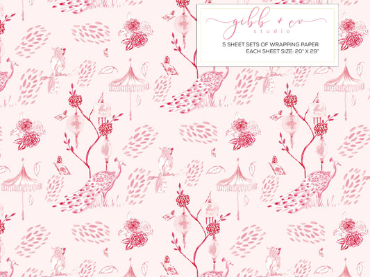 Pink Peacock Chinoiserie wrapping paper