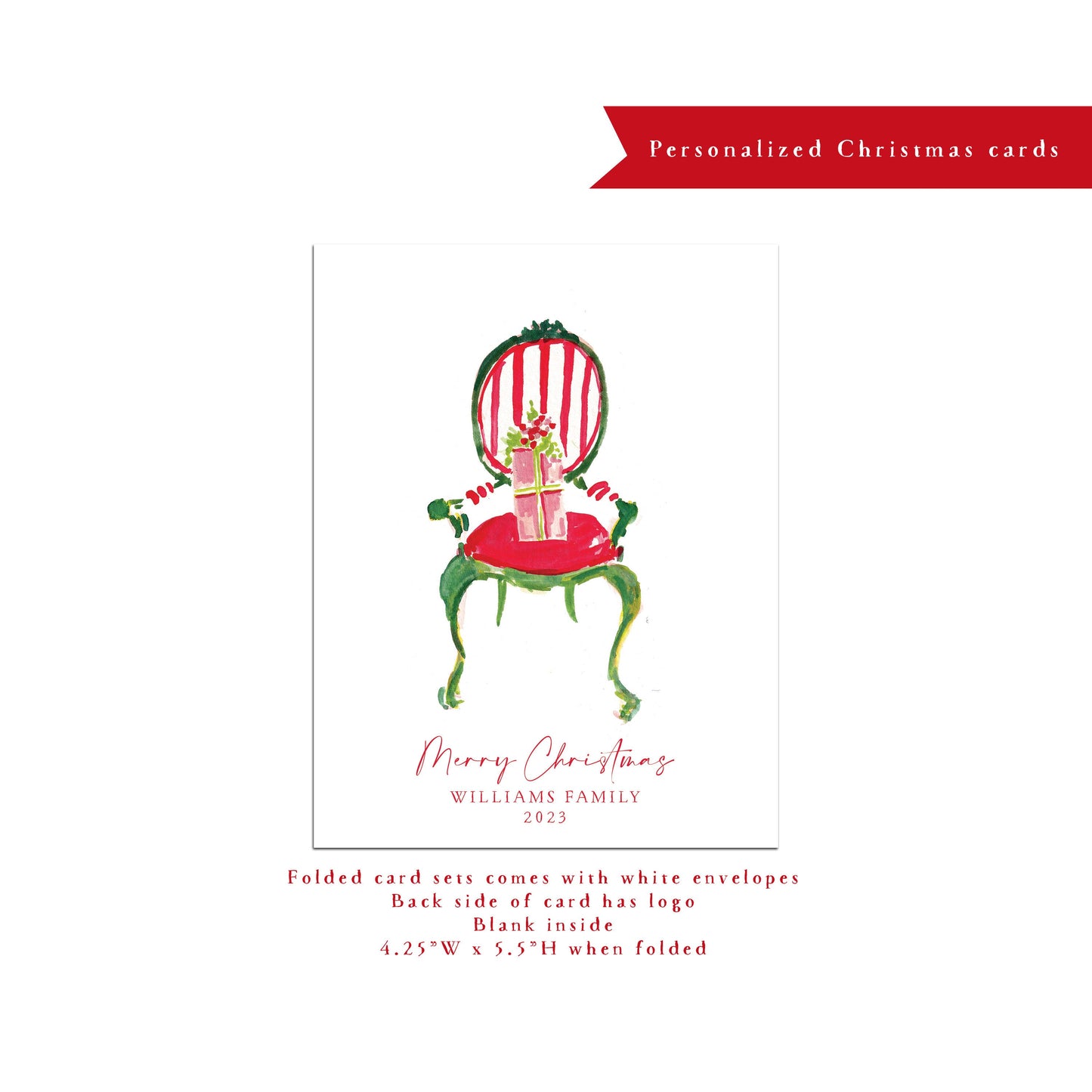 Personalized Christmas card, Santa chair, personalized holiday card, holiday door, red, stripe, interior design, small business Holiday card