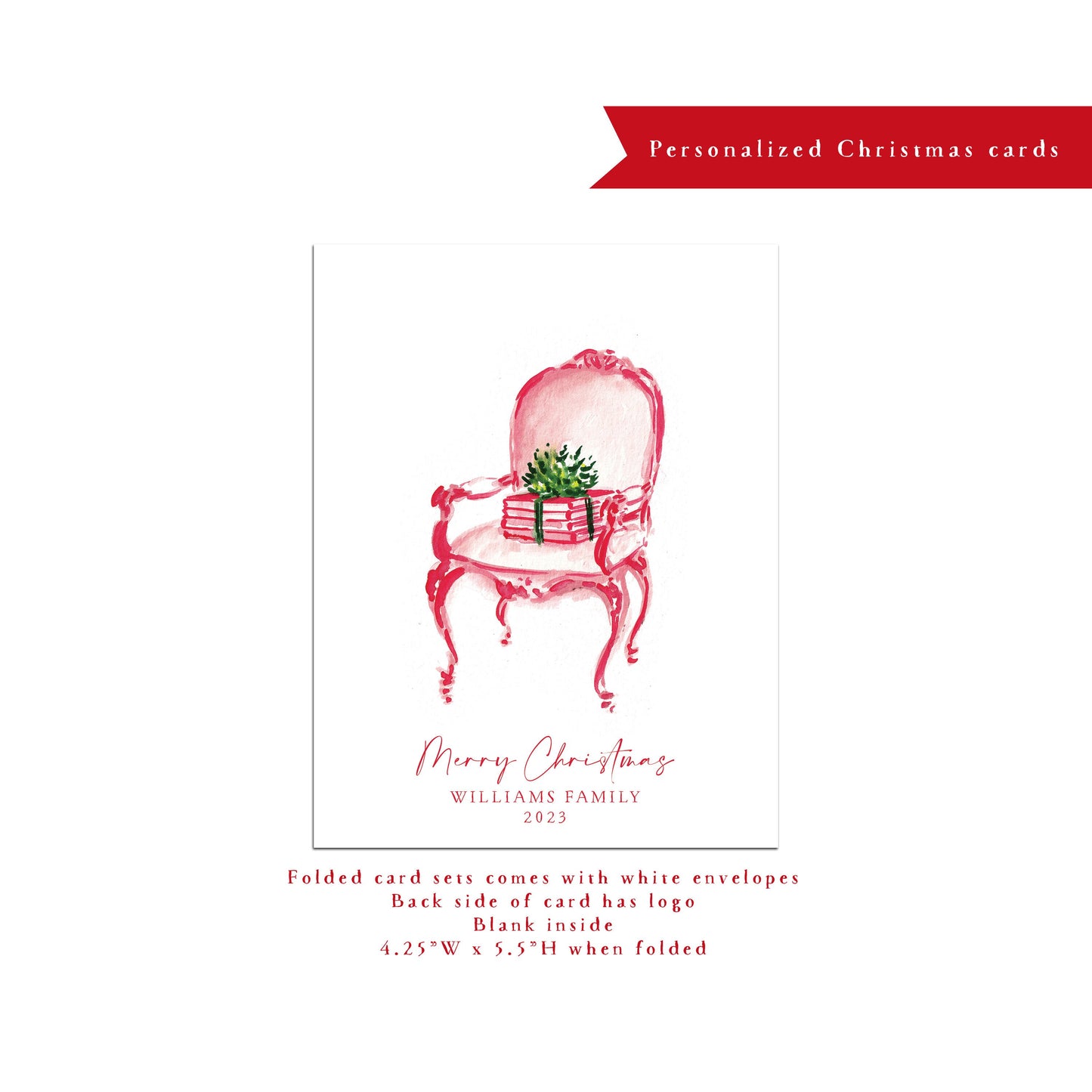 Personalized Christmas card, pink chair, personalized holiday card, holiday door, presents, interior design, small business Holiday card