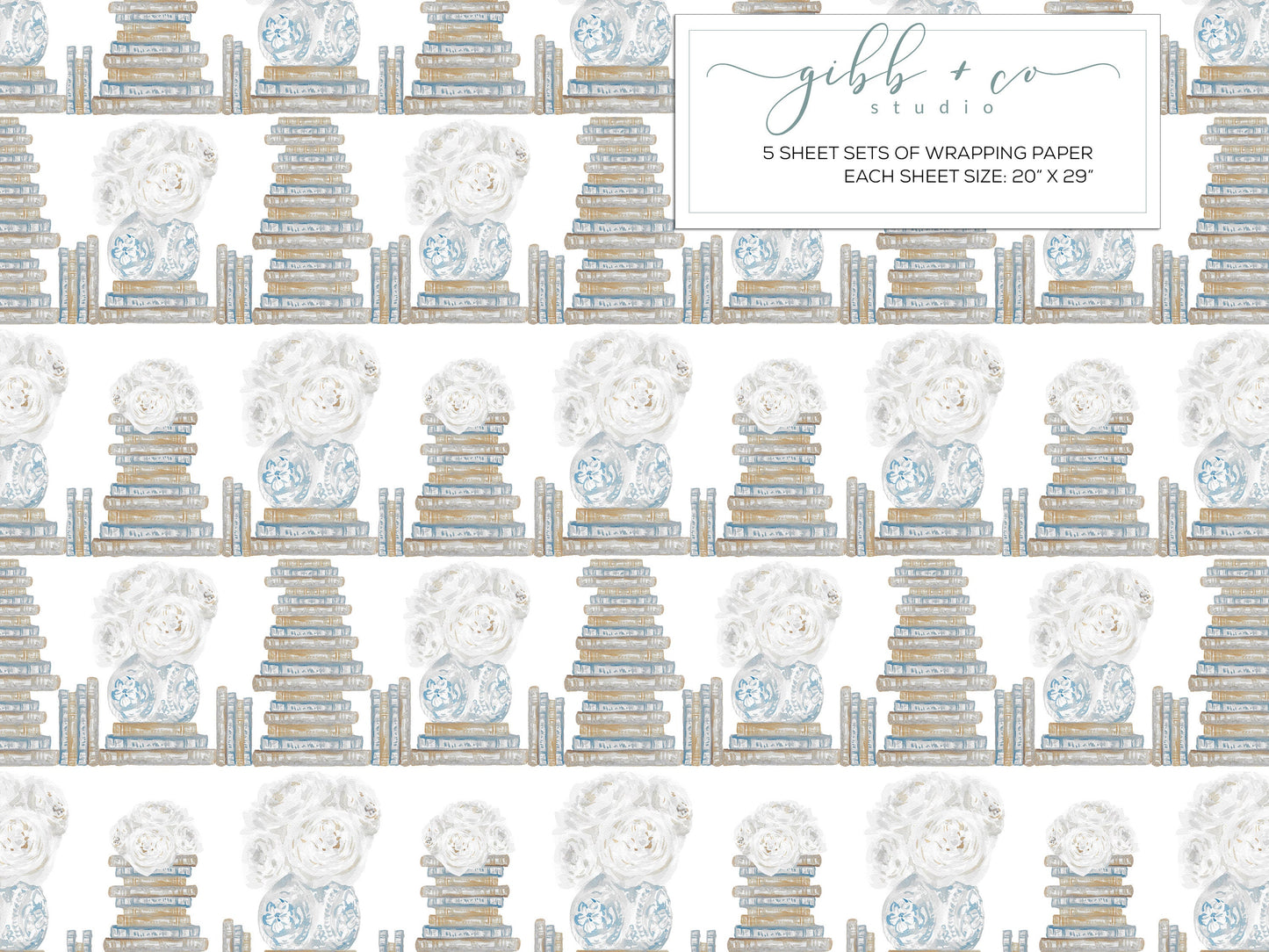 White peony with stacked books wrapping paper