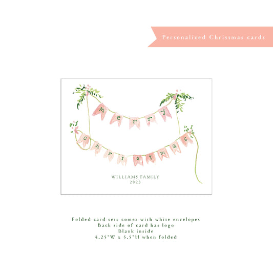 Personalized Christmas card, personalized holiday card, banner, holiday message, small business Holiday card, pink, green, horizontal card