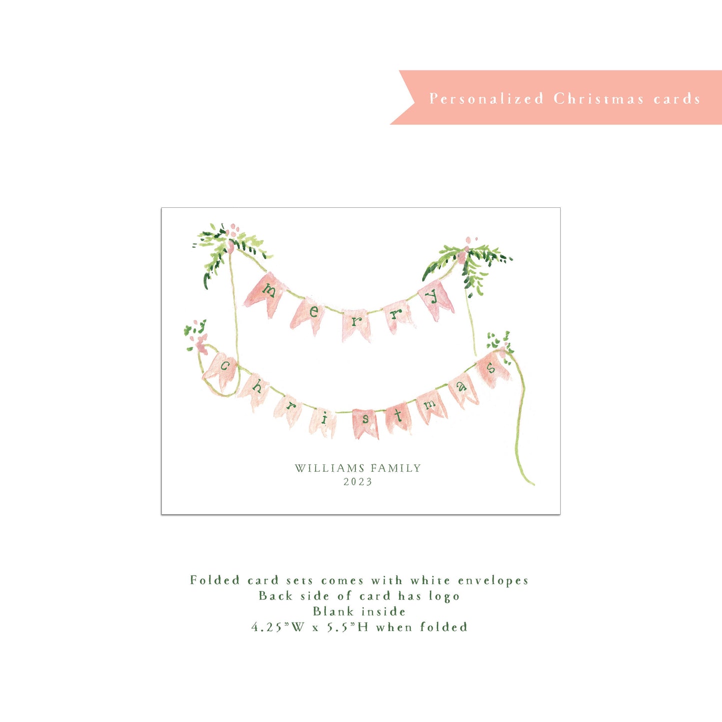 Personalized Christmas card, personalized holiday card, banner, holiday message, small business Holiday card, pink, green, horizontal card