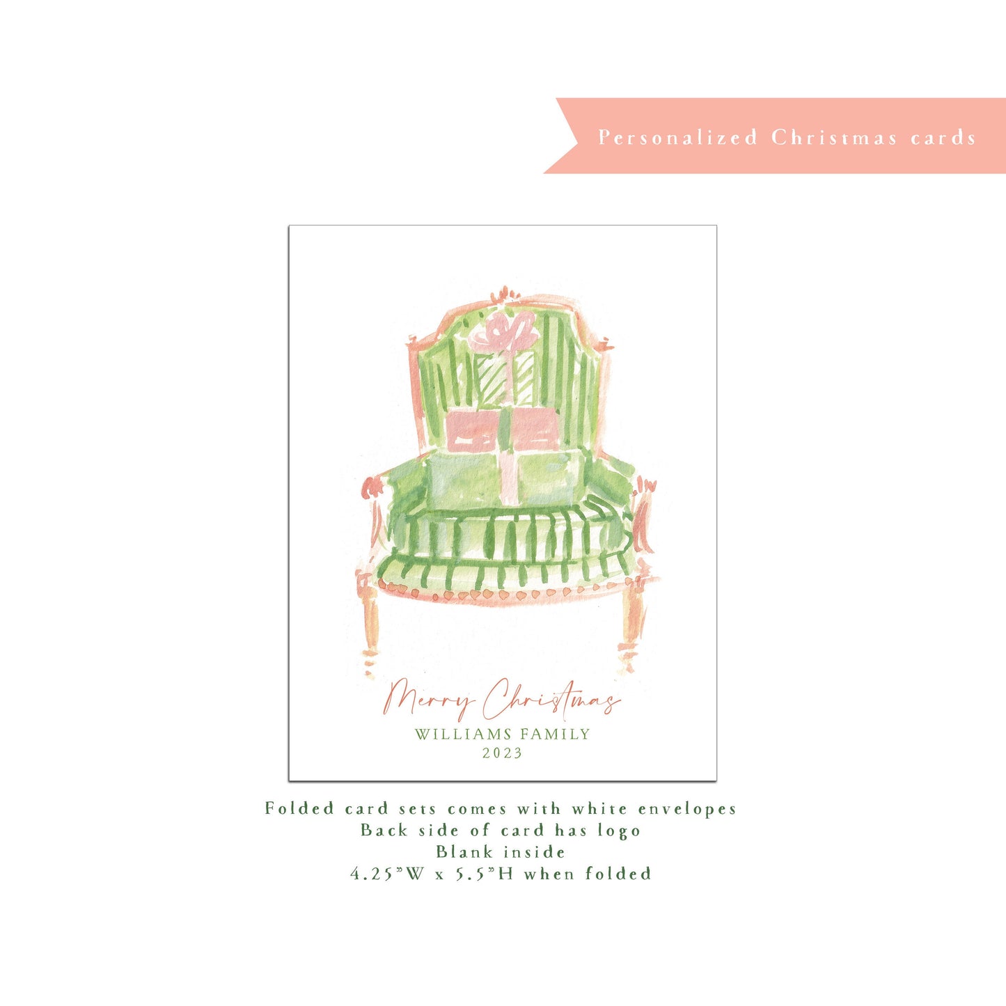 Personalized Christmas card, Santa chair, personalized holiday card, green plaid chair, interior design, small business Holiday card