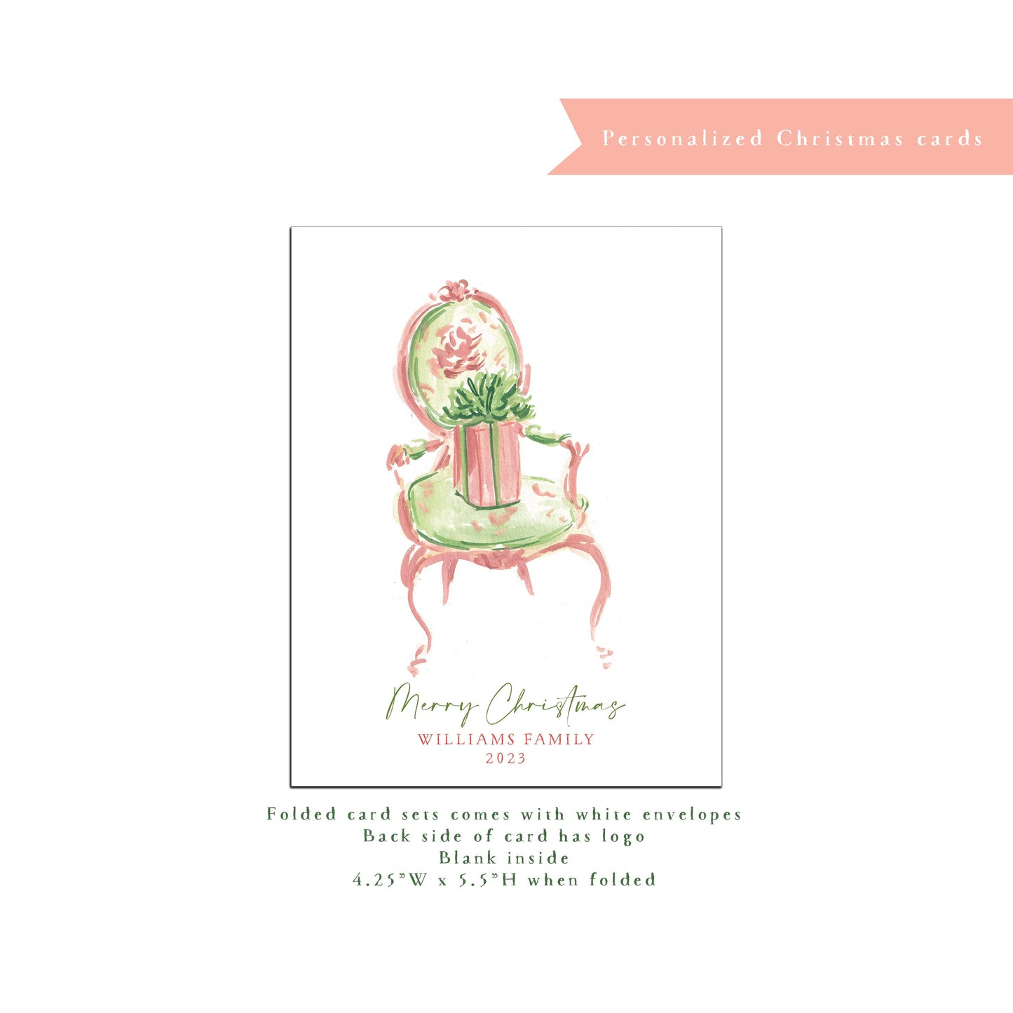 Personalized Christmas card, Santa chair, personalized holiday card, green French chair, interior design, small business Holiday card