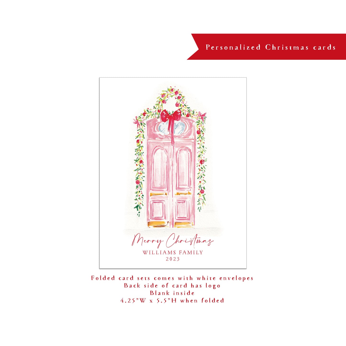 Personalized Christmas card, personalized holiday card, holiday door, pink door, wreath, watercolor, design, small business Holiday card