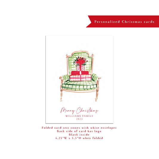 Personalized Christmas card, Santa chair, personalized holiday card, holiday door, green plaid, interior design, small business Holiday card