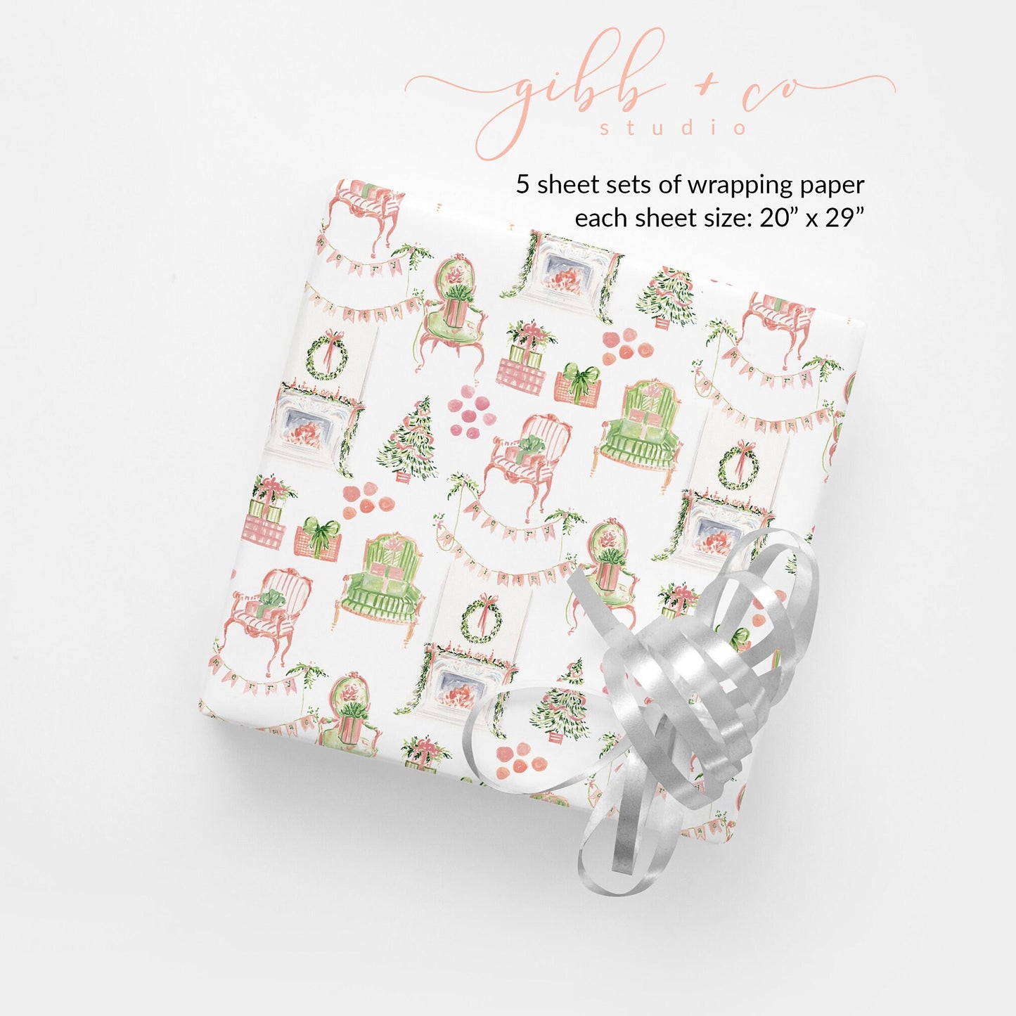 Christmas pastel fireplace wrapping paper, Christmas wrapping paper, holiday wrapping paper