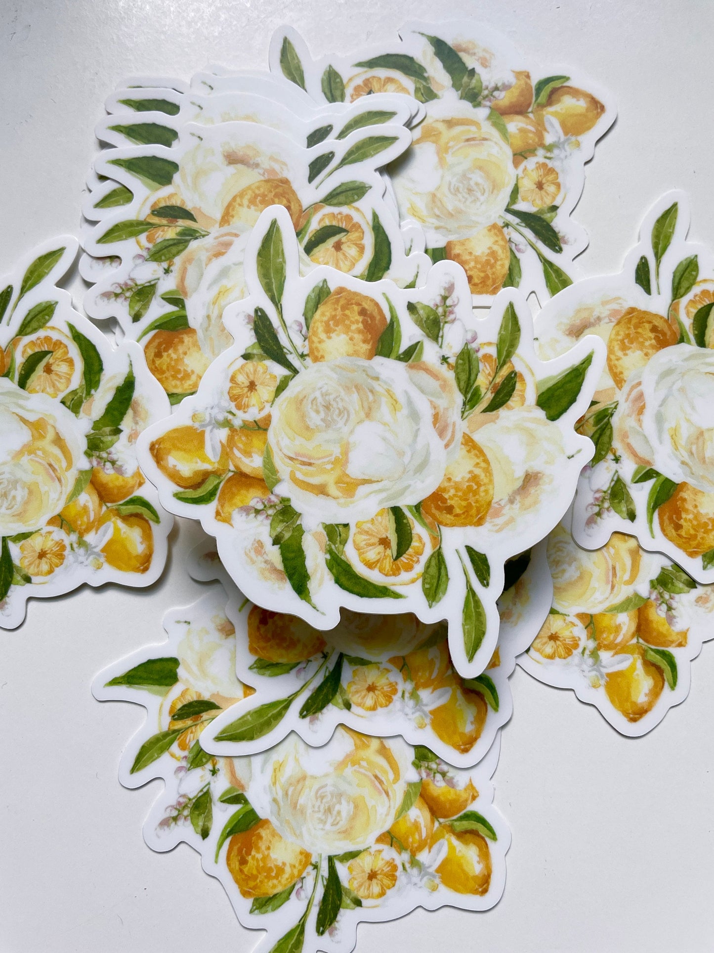 Lemon floral sticker, yellow sticker, white roses sticker, vinyl, watercolor, illustration, yellow, white, green, flower, lemon Positano