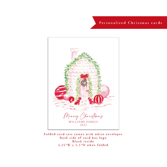 Personalized Christmas card, personalized holiday card, gingerbread house, pink gingerbread house, small business Holiday card, card set