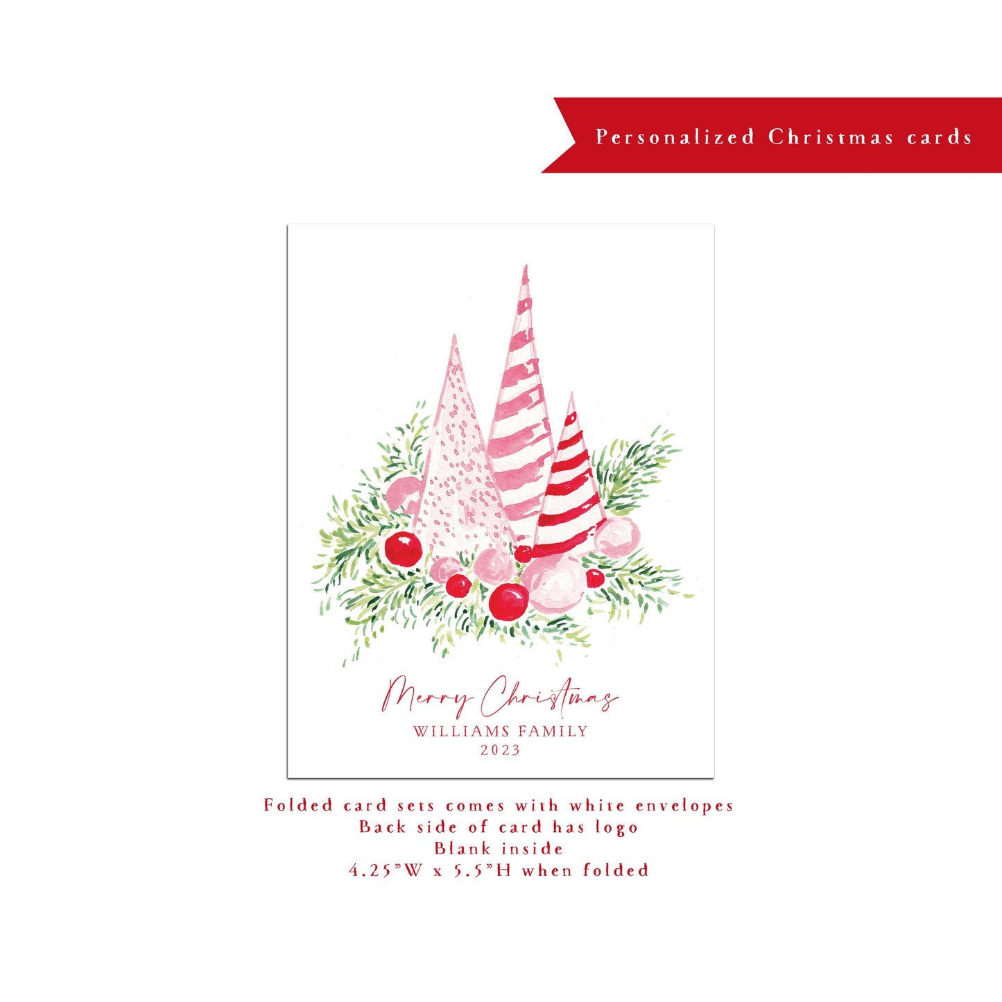 Personalized Christmas card, personalized holiday card, Christmas trees, striped, wreath, small business Holiday card, card set