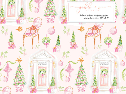 Pink Christmas Charleston Door wrapping paper, Christmas wrapping paper, holiday wrapping paper