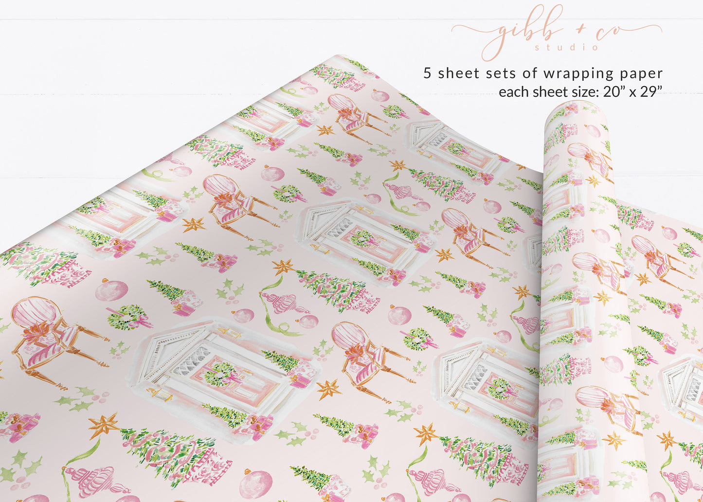 Pink Christmas Charleston Door wrapping paper, Christmas wrapping paper, holiday wrapping paper