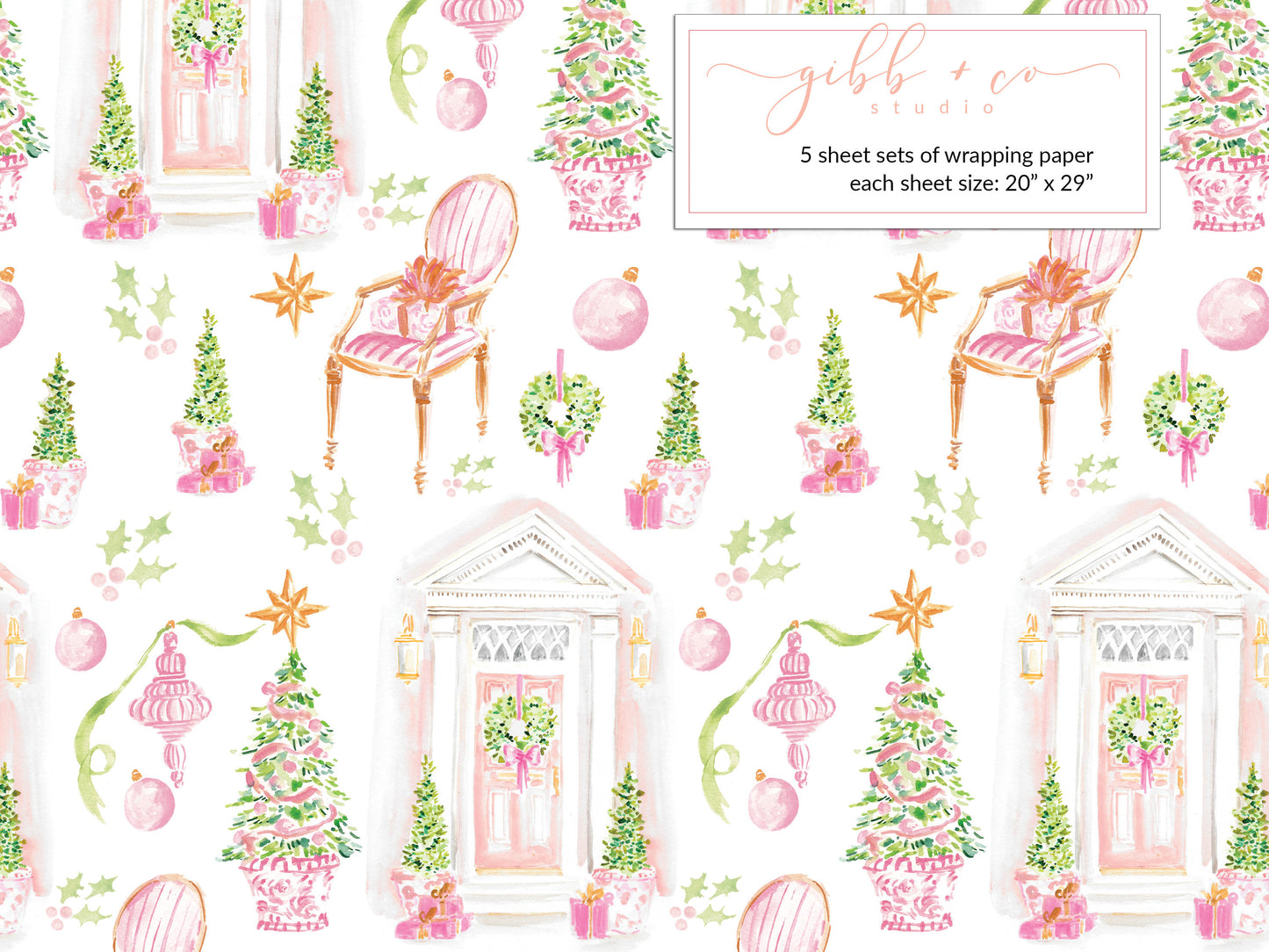 Pink Christmas Charleston Door wrapping paper, Christmas wrapping paper, holiday wrapping paper