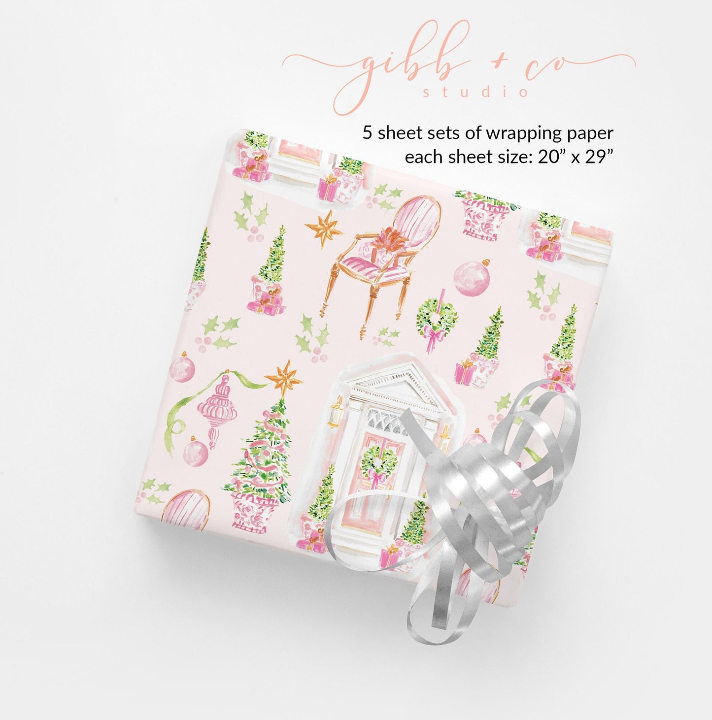 Pink Christmas Charleston Door wrapping paper, Christmas wrapping paper, holiday wrapping paper