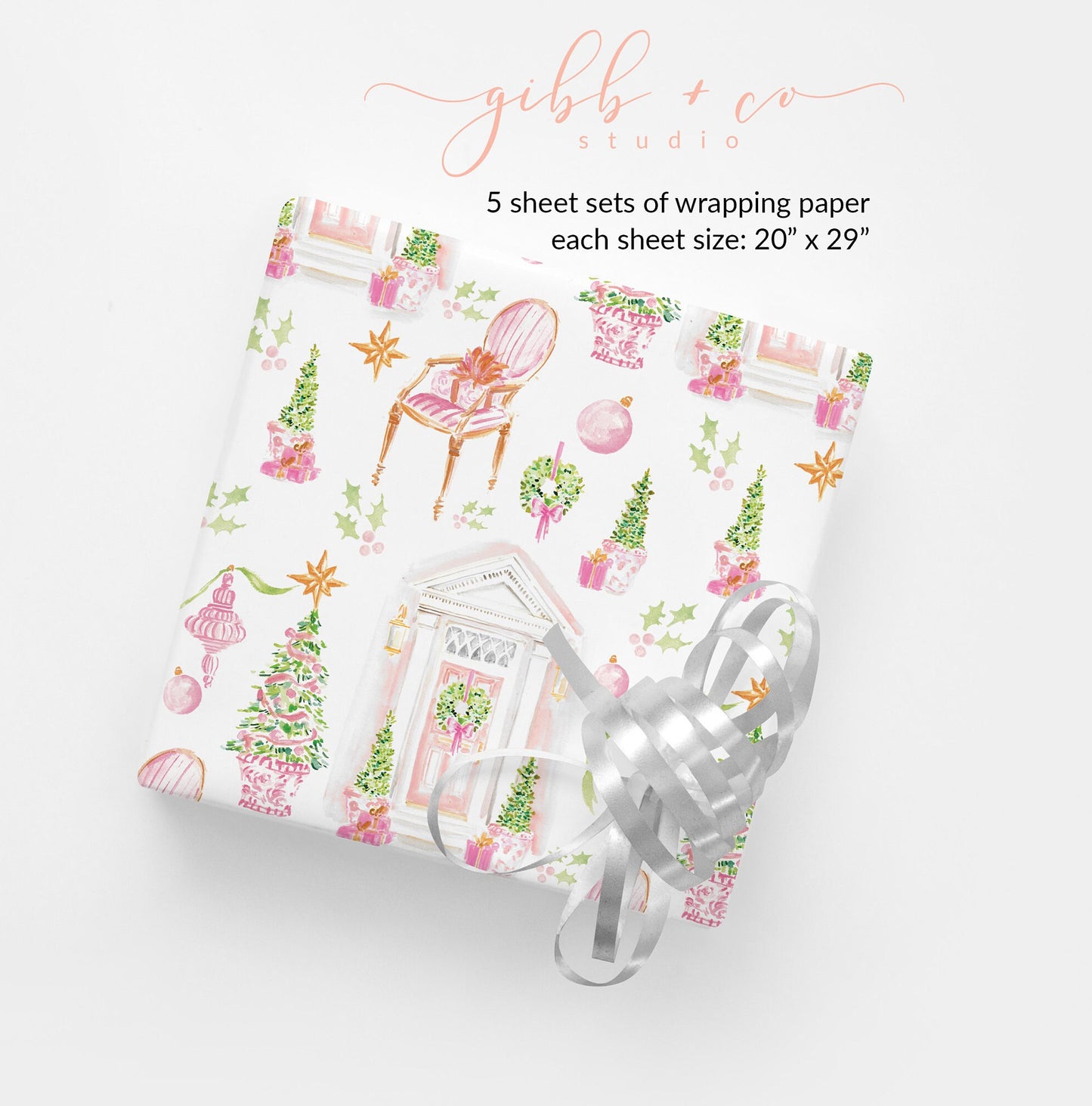 Pink Christmas Charleston Door wrapping paper, Christmas wrapping paper, holiday wrapping paper