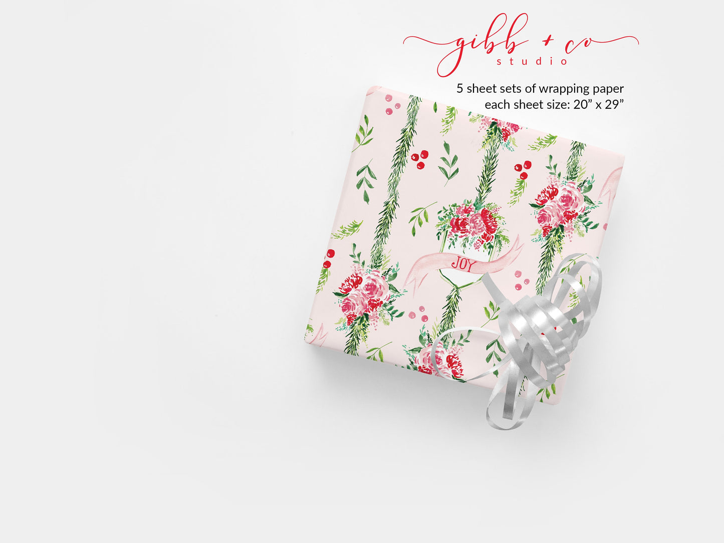 Retro Pink Christmas Floral wrapping paper, Pink Floral Christmas gift wrap, Christmas wrapping paper, holiday wrapping paper