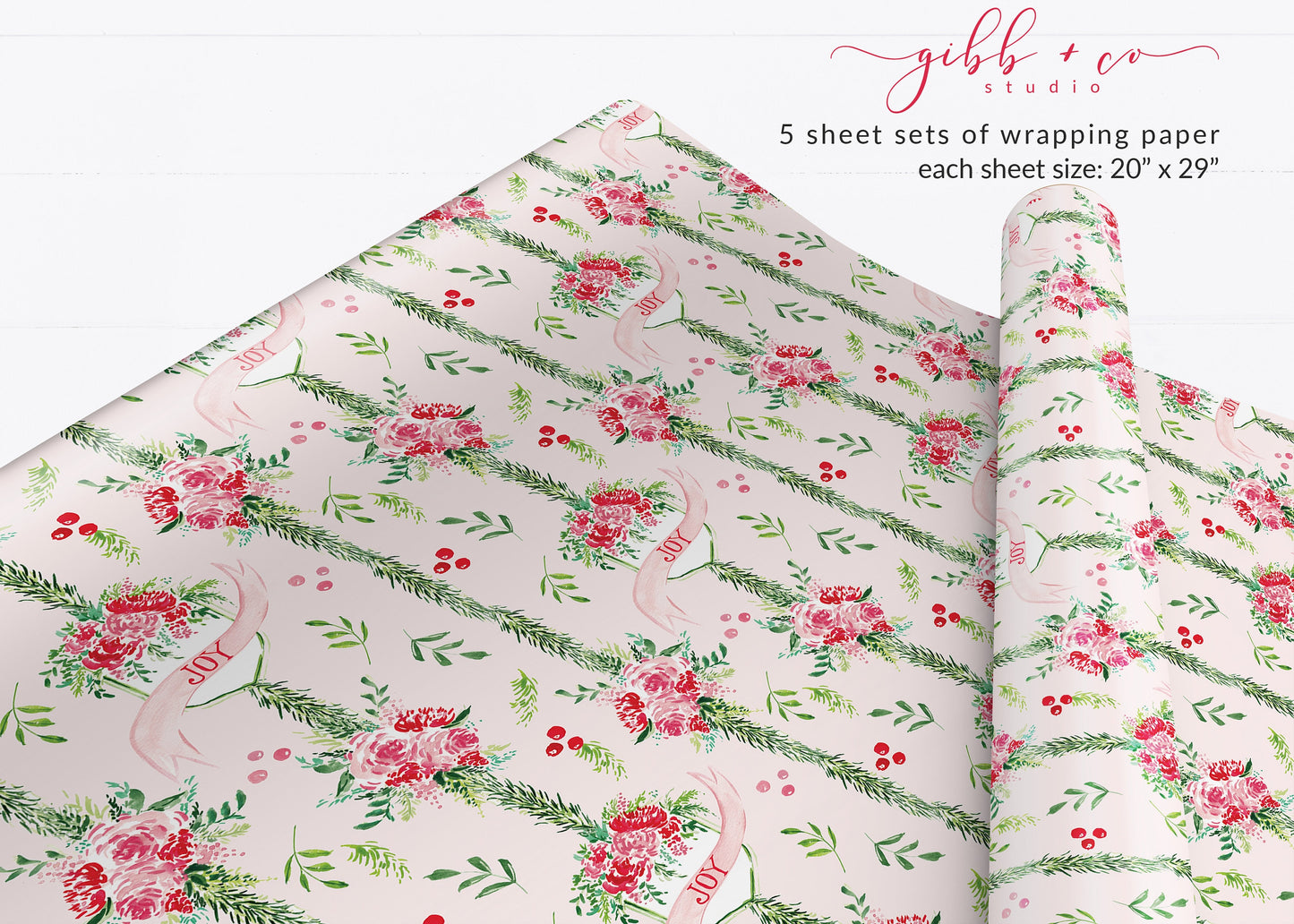 Retro Pink Christmas Floral wrapping paper, Pink Floral Christmas gift wrap, Christmas wrapping paper, holiday wrapping paper