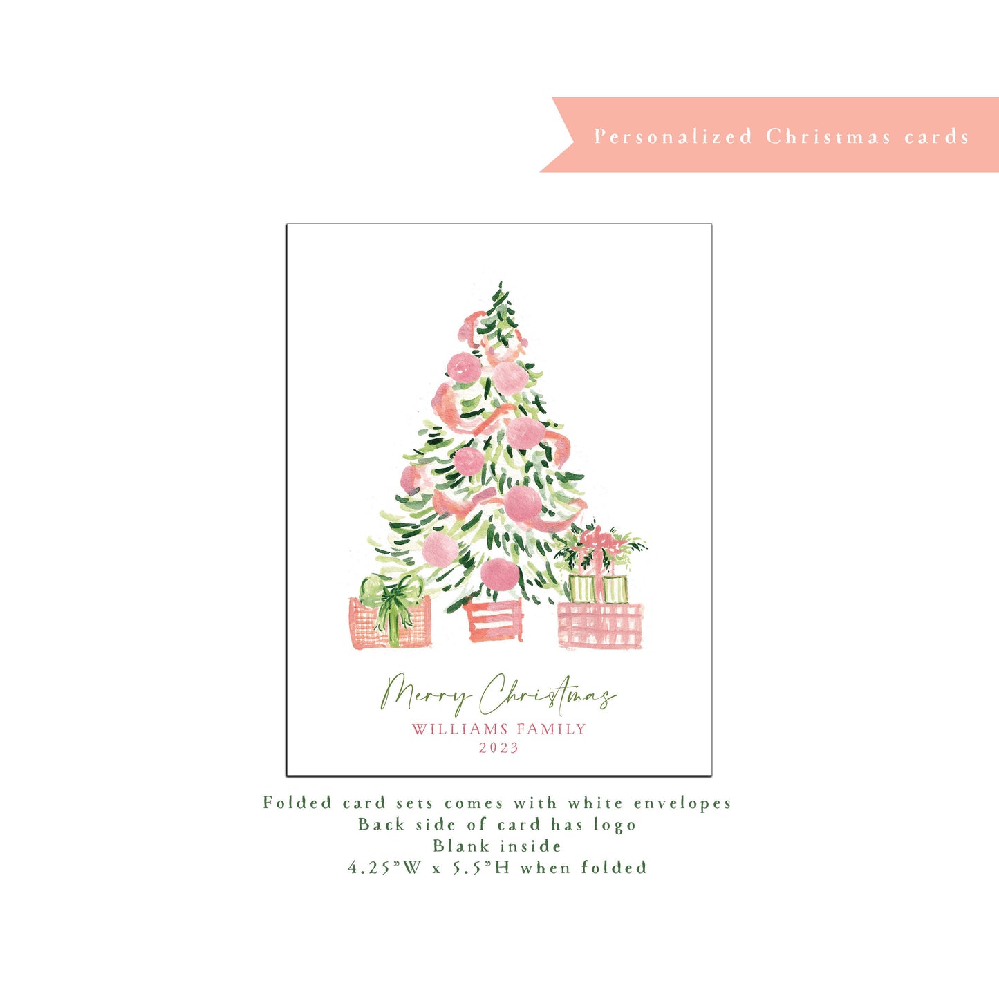 Personalized Christmas card, personalized holiday card, Christmas tree, presents, small business Holiday card, pink, green