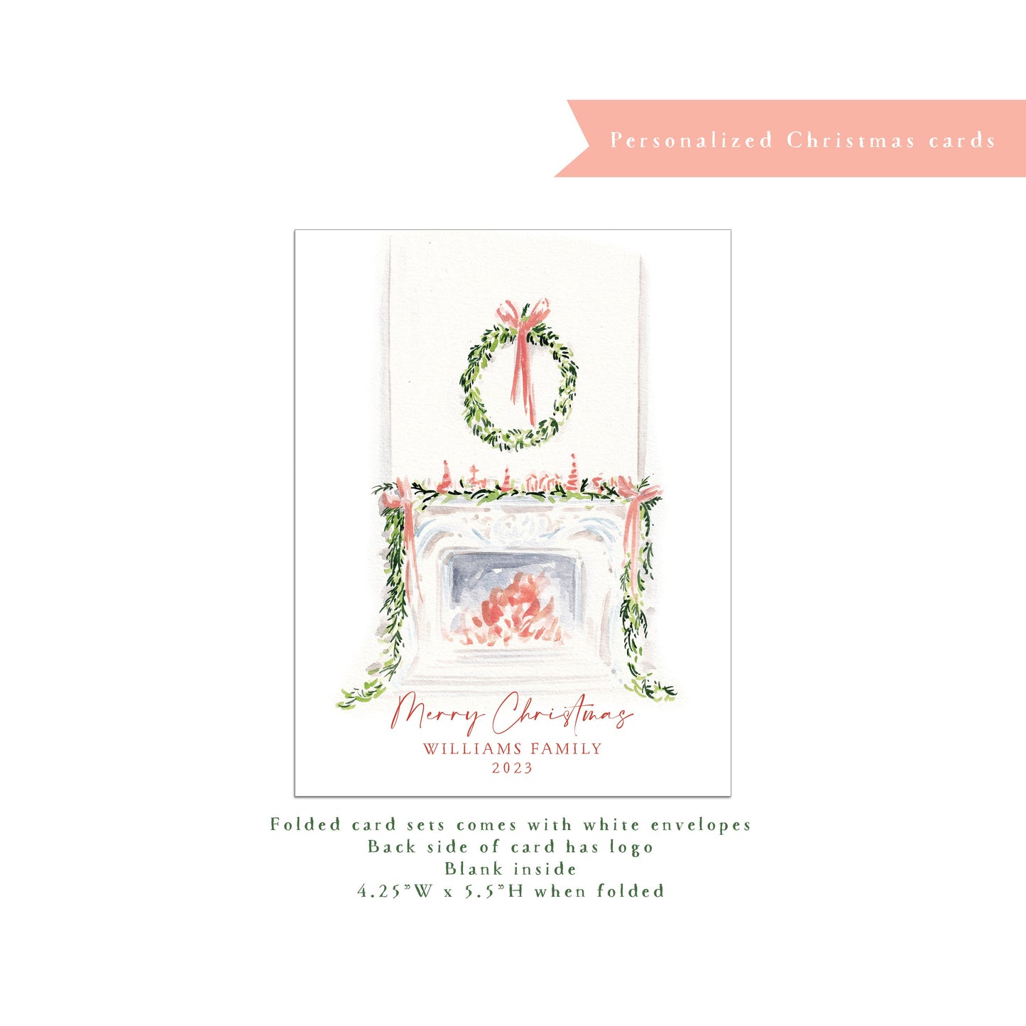 Personalized Christmas card, personalized holiday card, fireplace mantle, holiday door, wreath, small business Holiday card, pink, green