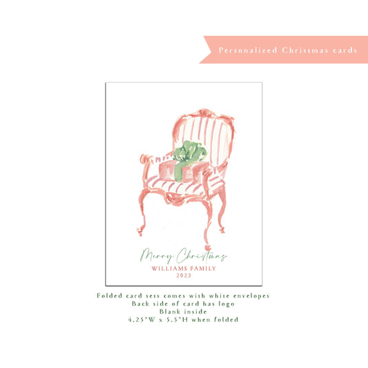 Personalized Christmas card, Santa chair, personalized holiday card, pink striped chair, interior design, small business Holiday card