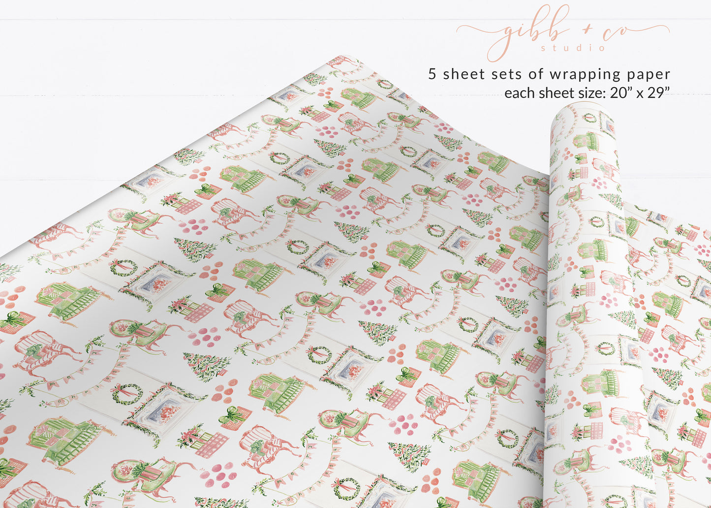 Christmas pastel fireplace wrapping paper, Christmas wrapping paper, holiday wrapping paper