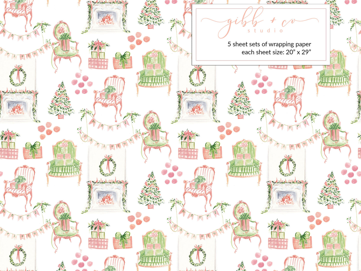 Christmas pastel fireplace wrapping paper, Christmas wrapping paper, holiday wrapping paper