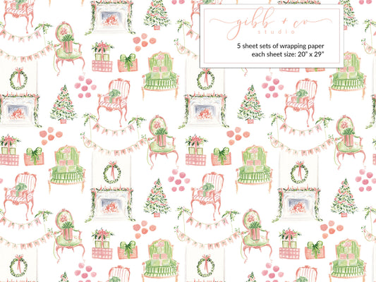 Christmas pastel fireplace wrapping paper, Christmas wrapping paper, holiday wrapping paper