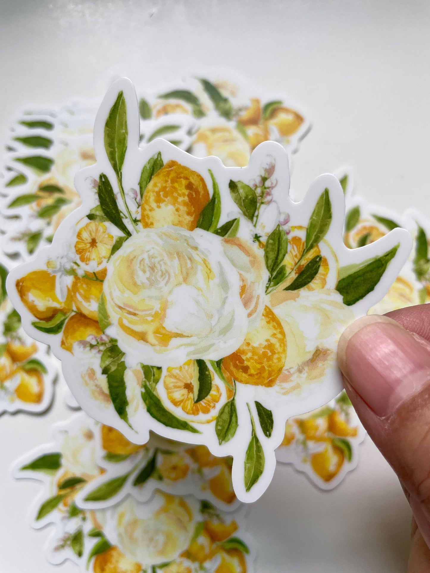 Lemon floral sticker, yellow sticker, white roses sticker, vinyl, watercolor, illustration, yellow, white, green, flower, lemon Positano