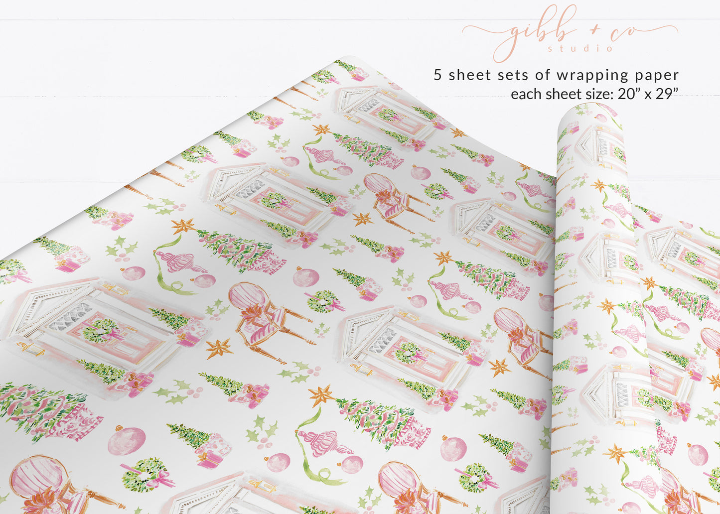 Pink Christmas Charleston Door wrapping paper, Christmas wrapping paper, holiday wrapping paper