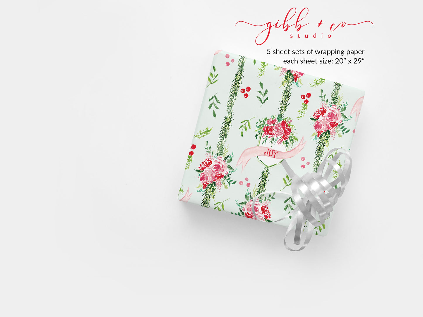Retro Pink Christmas Floral wrapping paper, Pink Floral Christmas gift wrap, Christmas wrapping paper, holiday wrapping paper