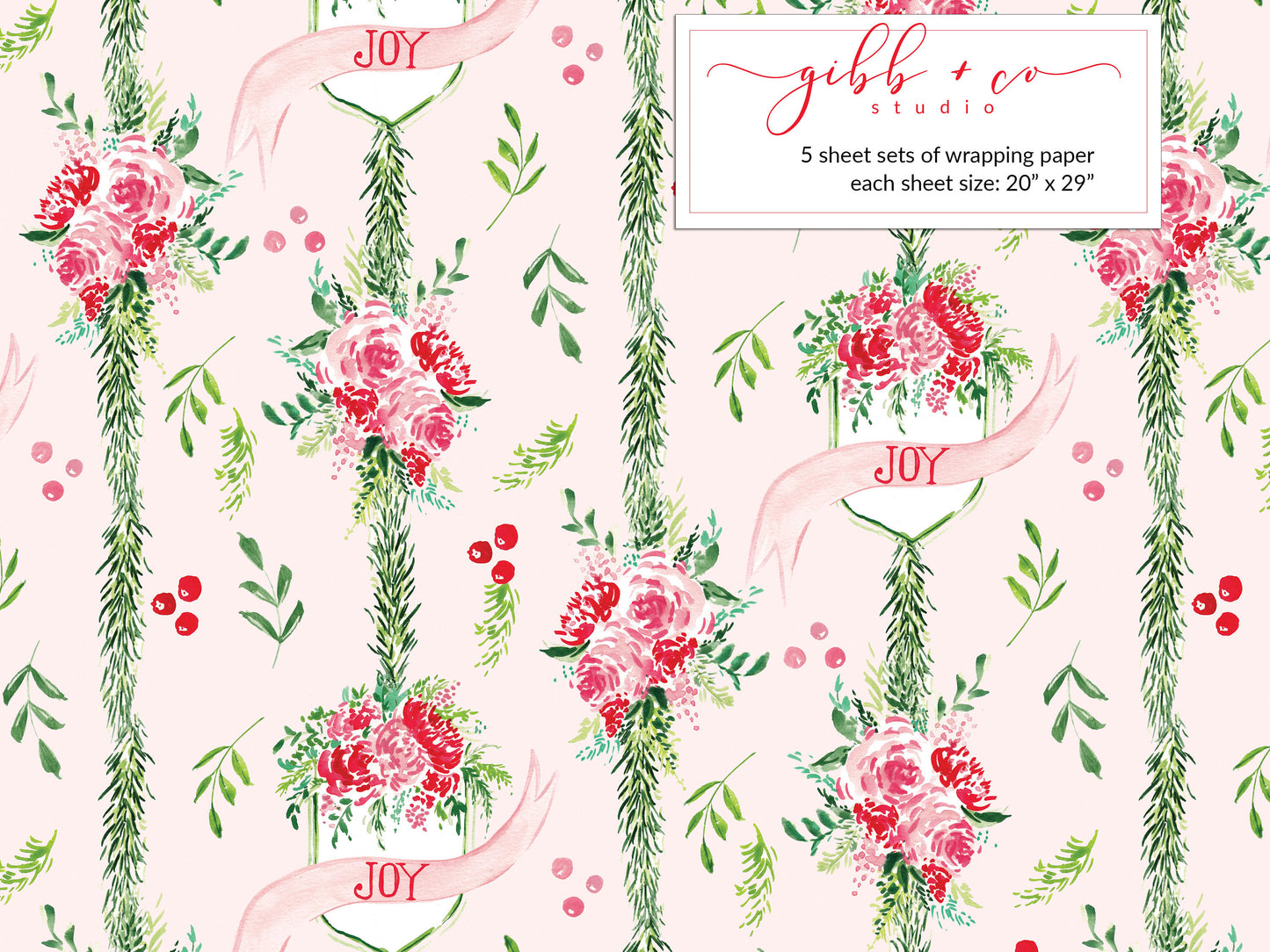 Retro Pink Christmas Floral wrapping paper, Pink Floral Christmas gift wrap, Christmas wrapping paper, holiday wrapping paper