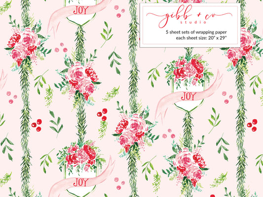 Retro Pink Christmas Floral wrapping paper, Pink Floral Christmas gift wrap, Christmas wrapping paper, holiday wrapping paper