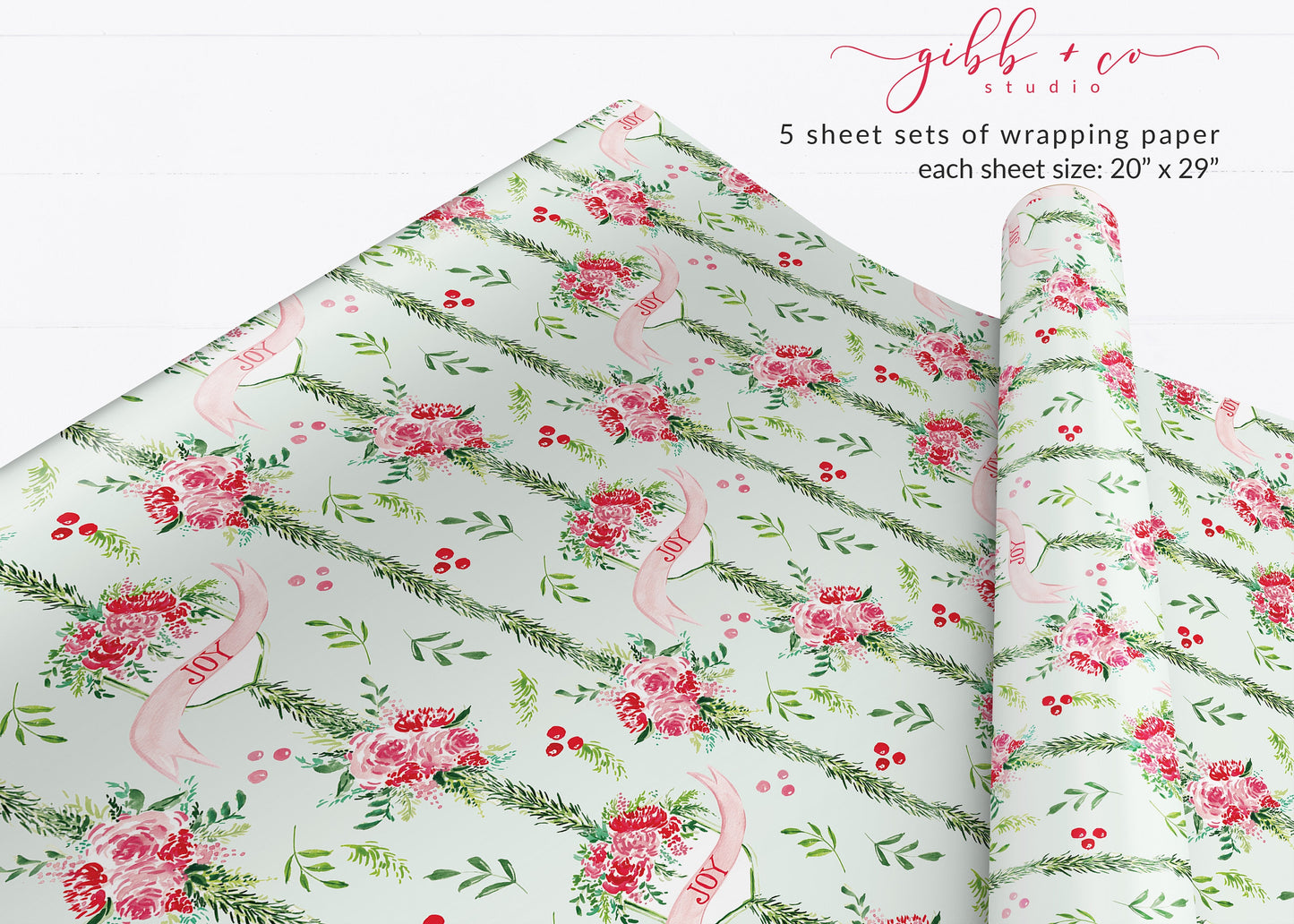 Retro Mint Green Christmas Floral wrapping paper, Floral Christmas gift wrap, Christmas wrapping paper, holiday wrapping paper