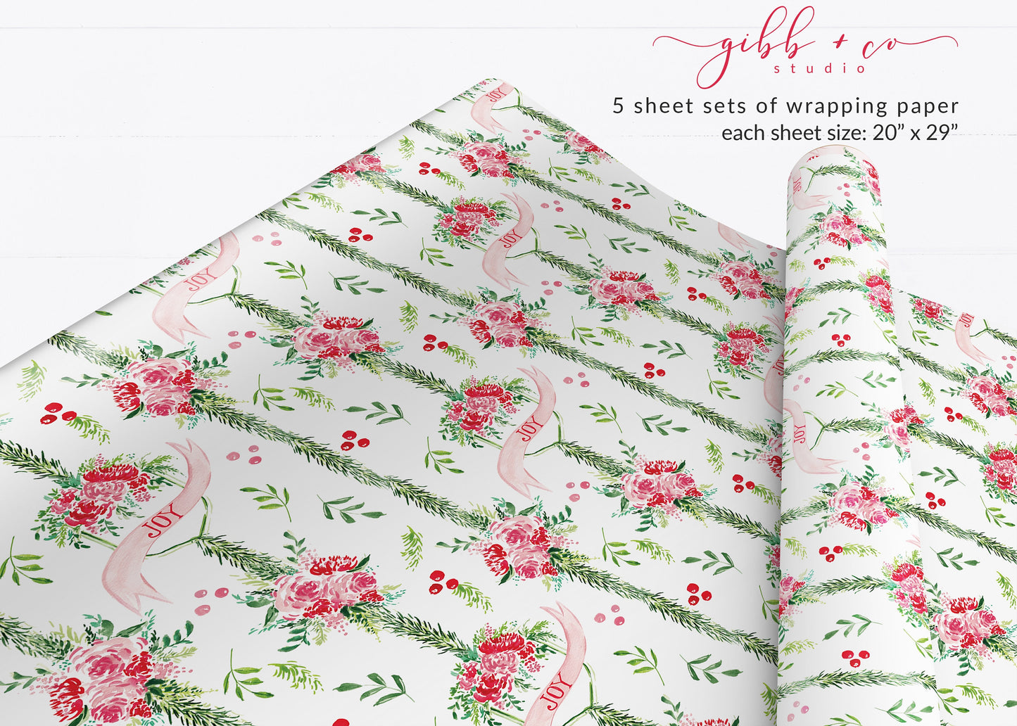 Retro Pink Christmas Floral wrapping paper, Pink Floral Christmas gift wrap, Christmas wrapping paper, holiday wrapping paper