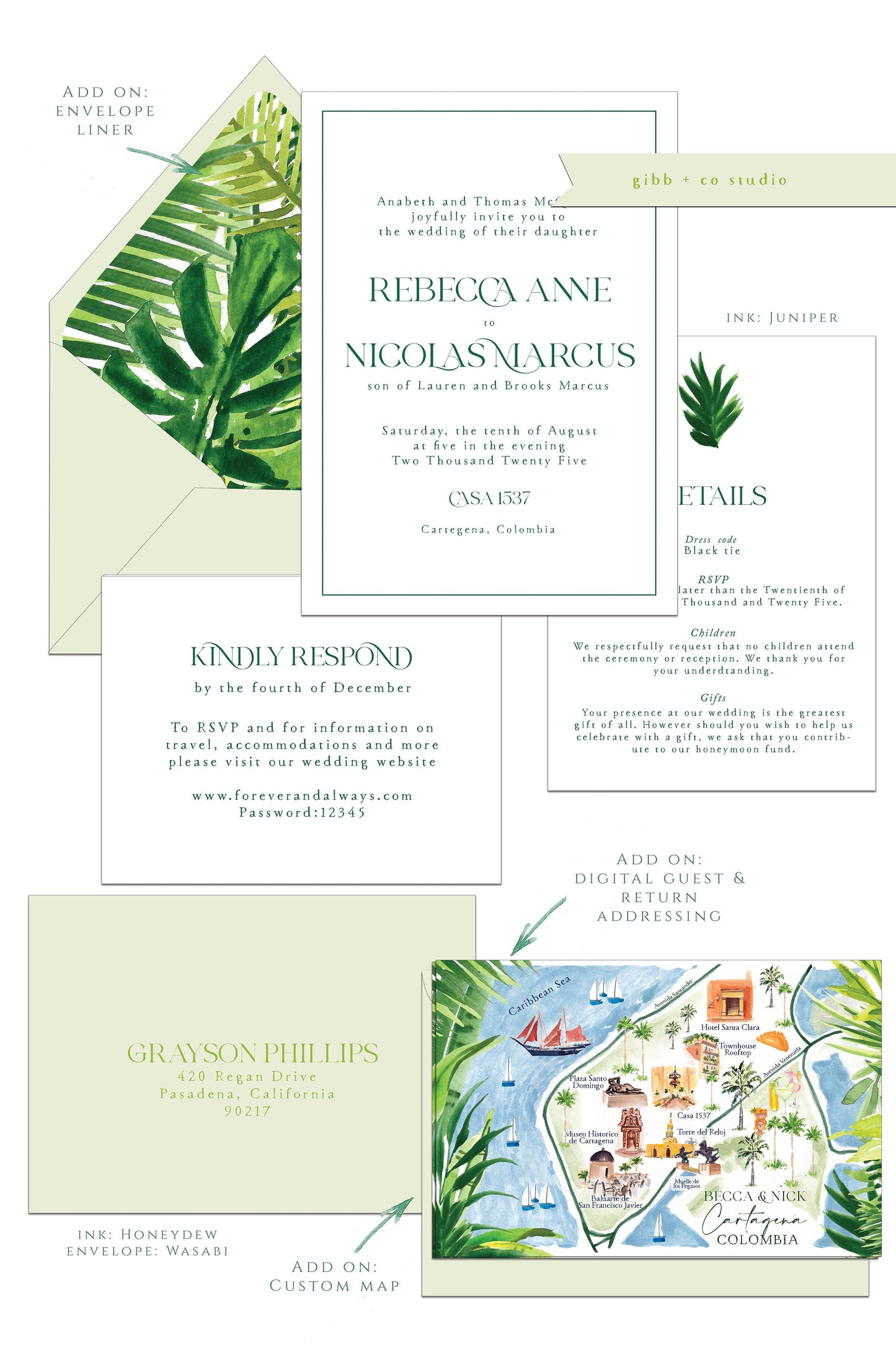 a green and white wedding suite with a tropical theme