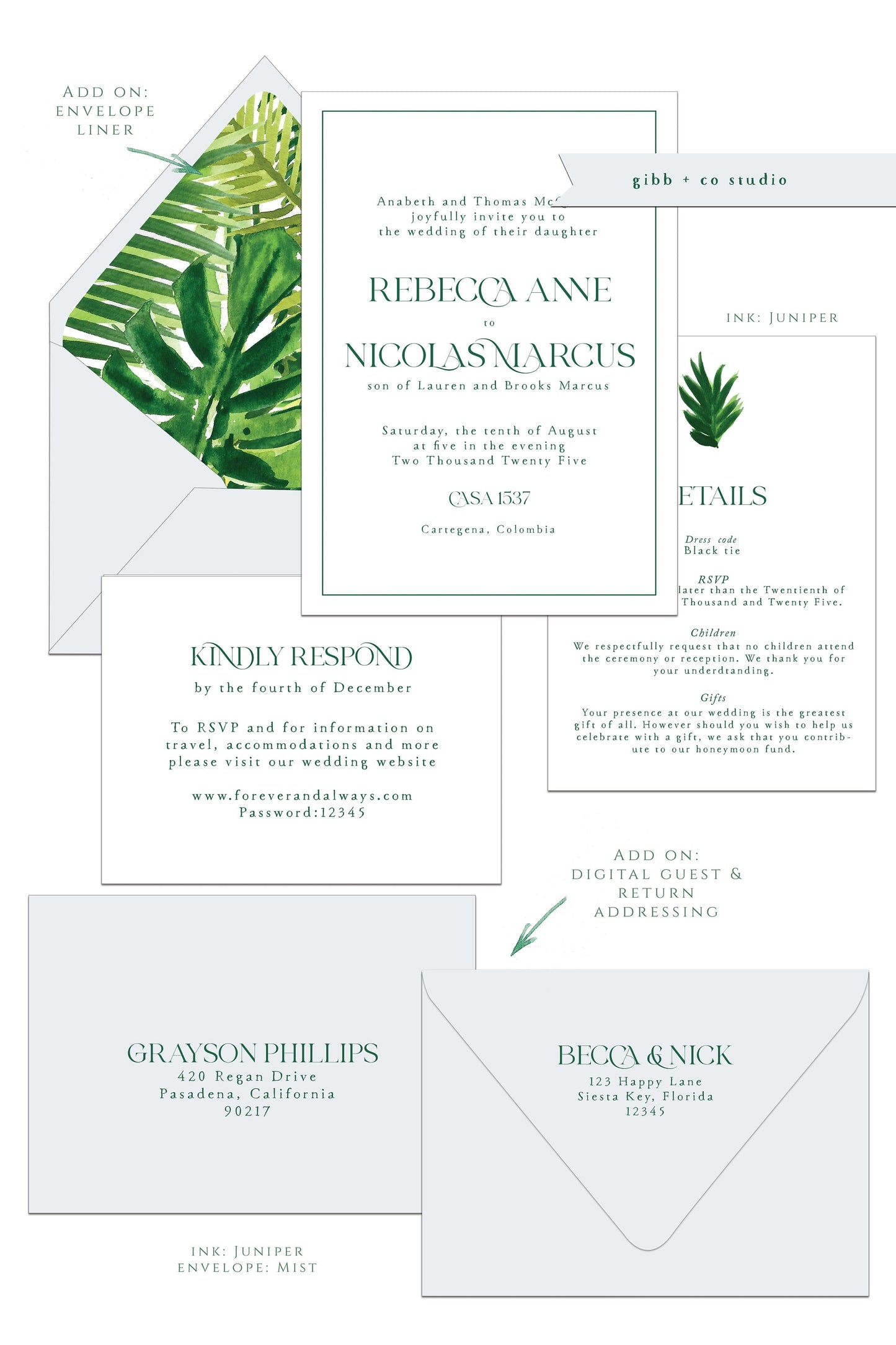 a white and green wedding suite with a tropical theme