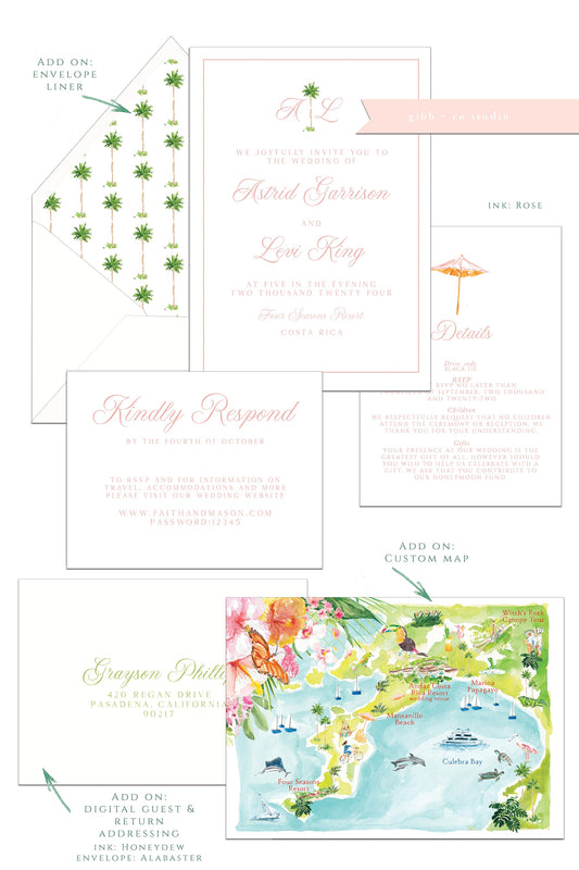 Printed tropical wedding invitations, Semi Custom printed wedding invitations, tropical, minimal, watercolor, wedding invitations, rsvp, details, Kylie Collection