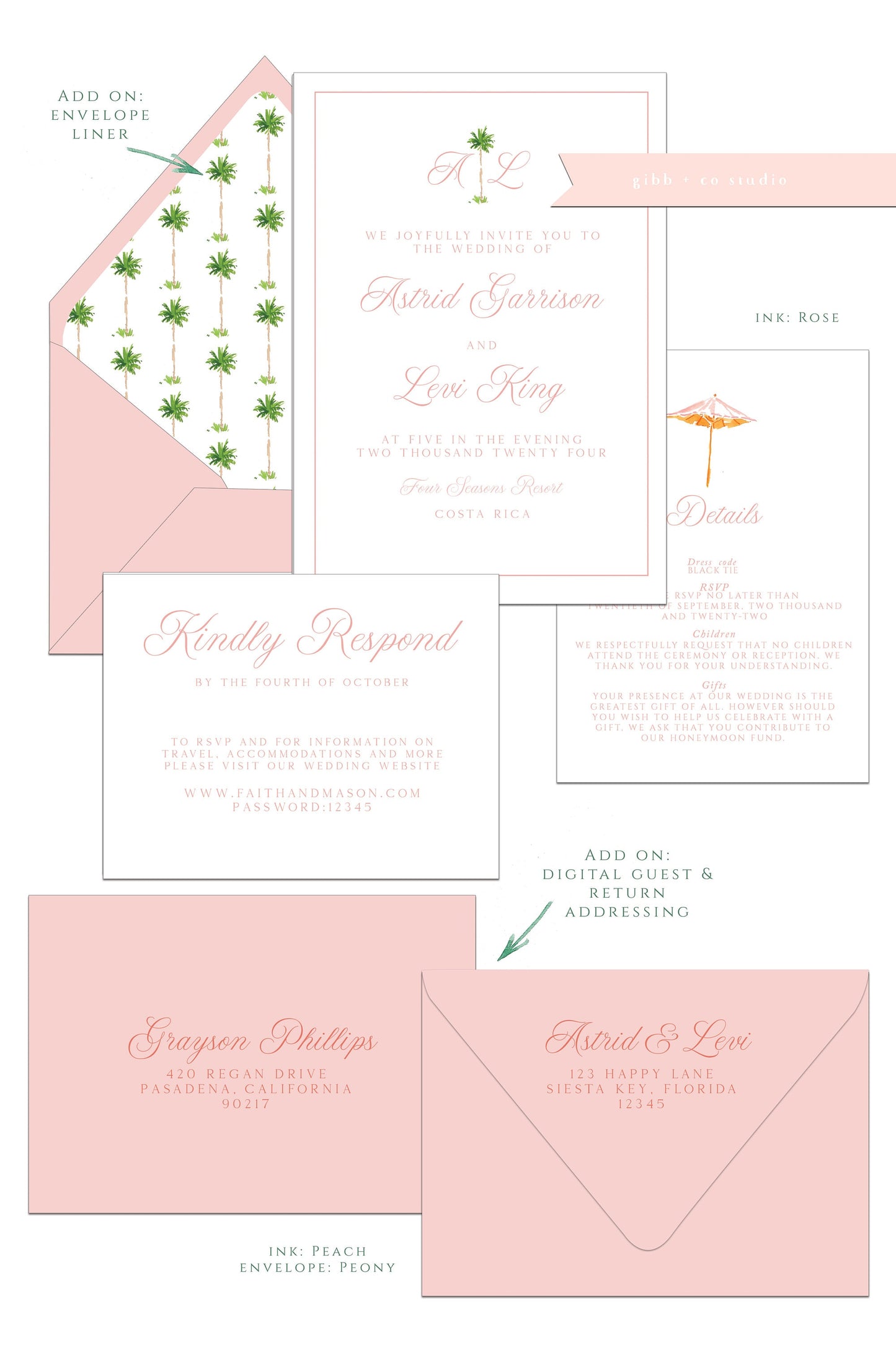 Printed tropical wedding invitations, Semi Custom printed wedding invitations, tropical, minimal, watercolor, wedding invitations, rsvp, details, Kylie Collection