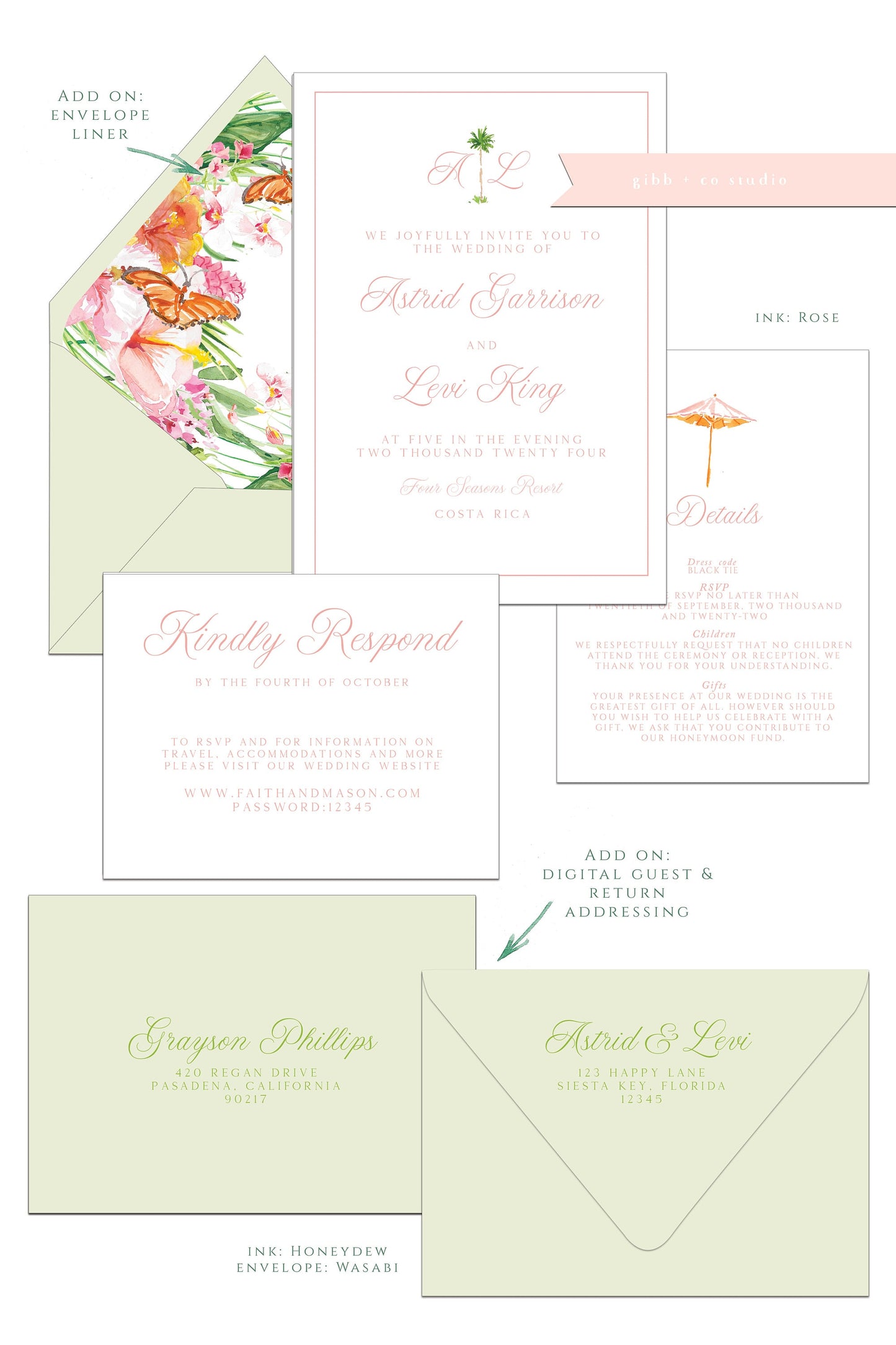 Printed tropical wedding invitations, Semi Custom printed wedding invitations, tropical, minimal, watercolor, wedding invitations, rsvp, details, Kylie Collection