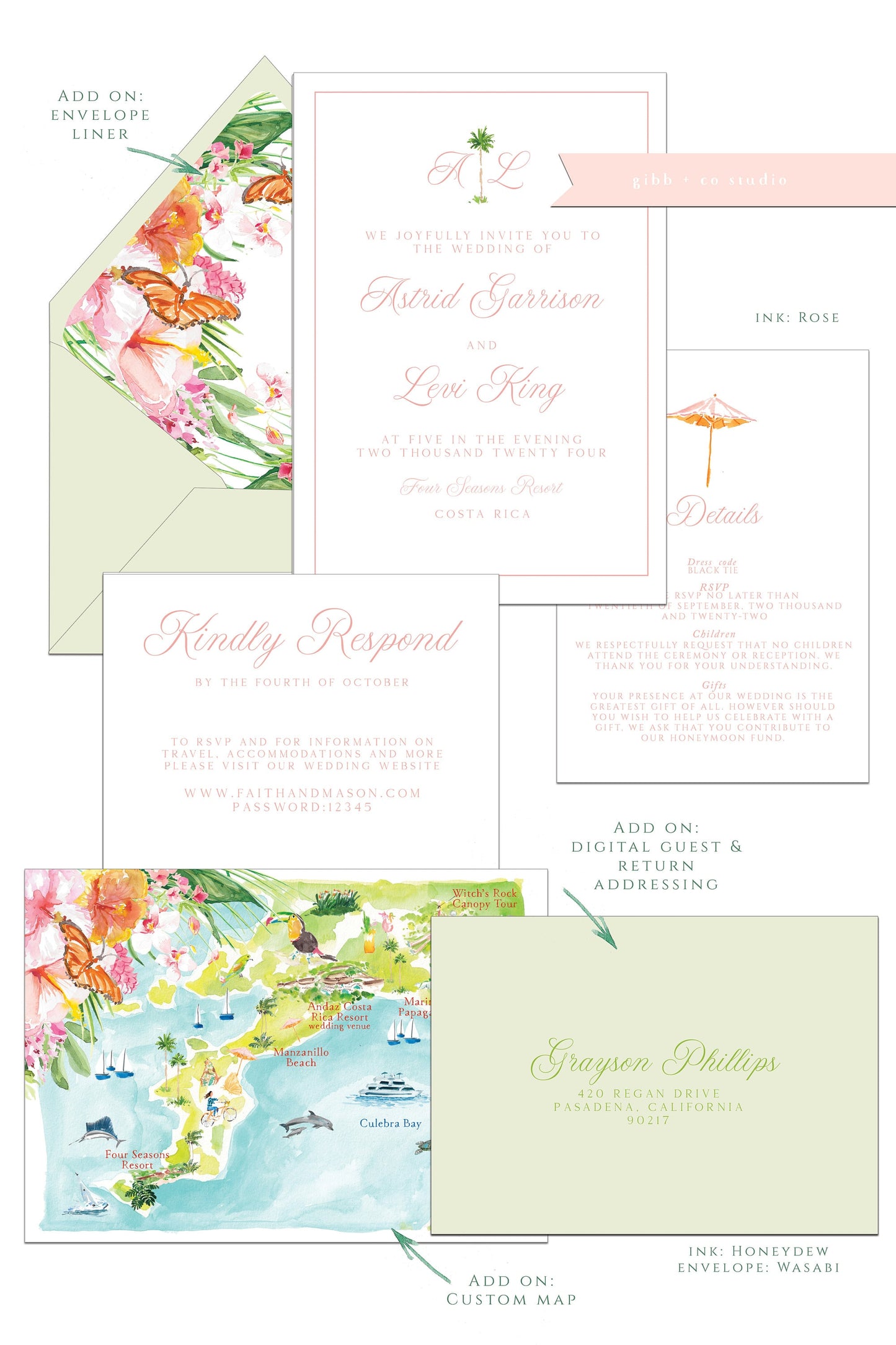 Printed tropical wedding invitations, Semi Custom printed wedding invitations, tropical, minimal, watercolor, wedding invitations, rsvp, details, Kylie Collection