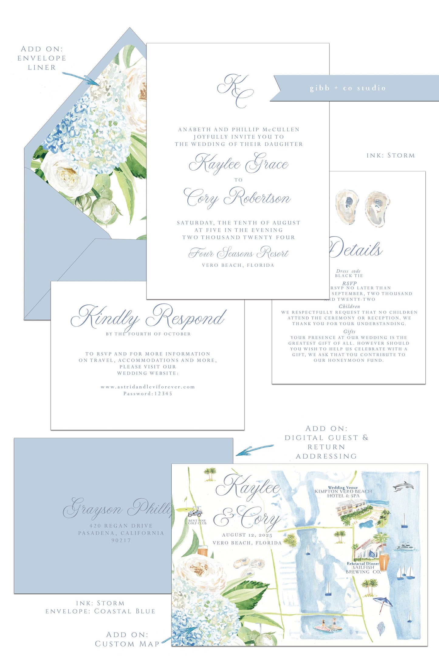 Printed coastal wedding invitations, Semi Custom printed wedding invitations, floral, coastal, watercolor, wedding invitations, rsvp, details, Lindsay Collection