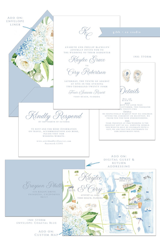 Printed coastal wedding invitations, Semi Custom printed wedding invitations, floral, coastal, watercolor, wedding invitations, rsvp, details, Lindsay Collection