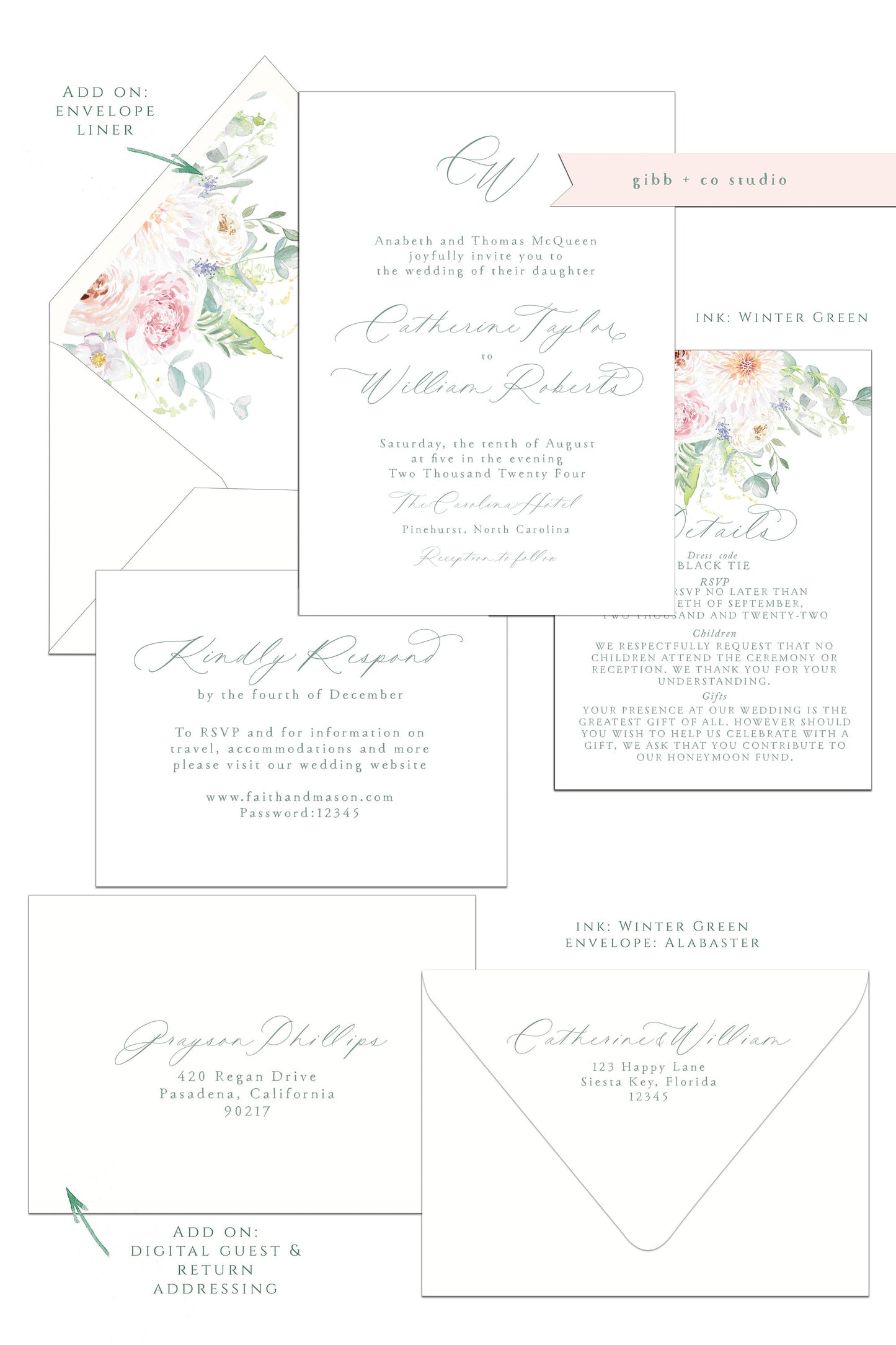 Printed floral wedding invitations, Semi Custom printed wedding invitations, floral, minimal, watercolor, wedding invitations, rsvp, details, Layla Collection