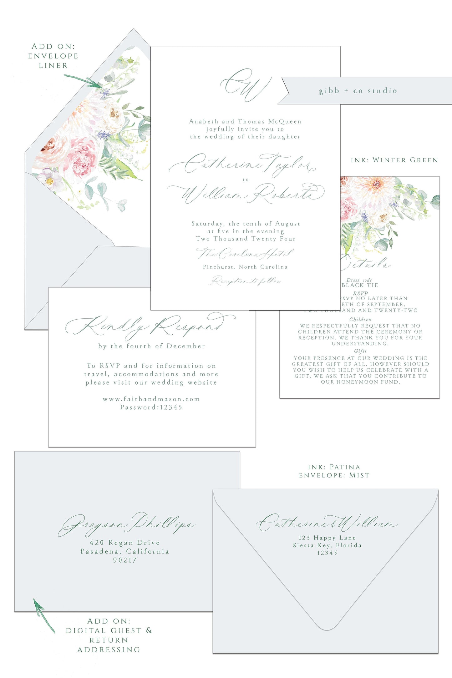 Printed floral wedding invitations, Semi Custom printed wedding invitations, floral, minimal, watercolor, wedding invitations, rsvp, details, Layla Collection