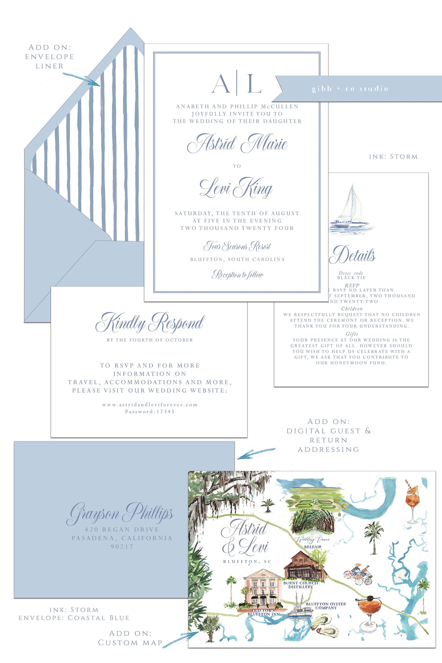 Printed coastal wedding invitations, Semi Custom printed wedding invitations, coastal, watercolor, wedding invites, rsvp, details, Astrid Collection