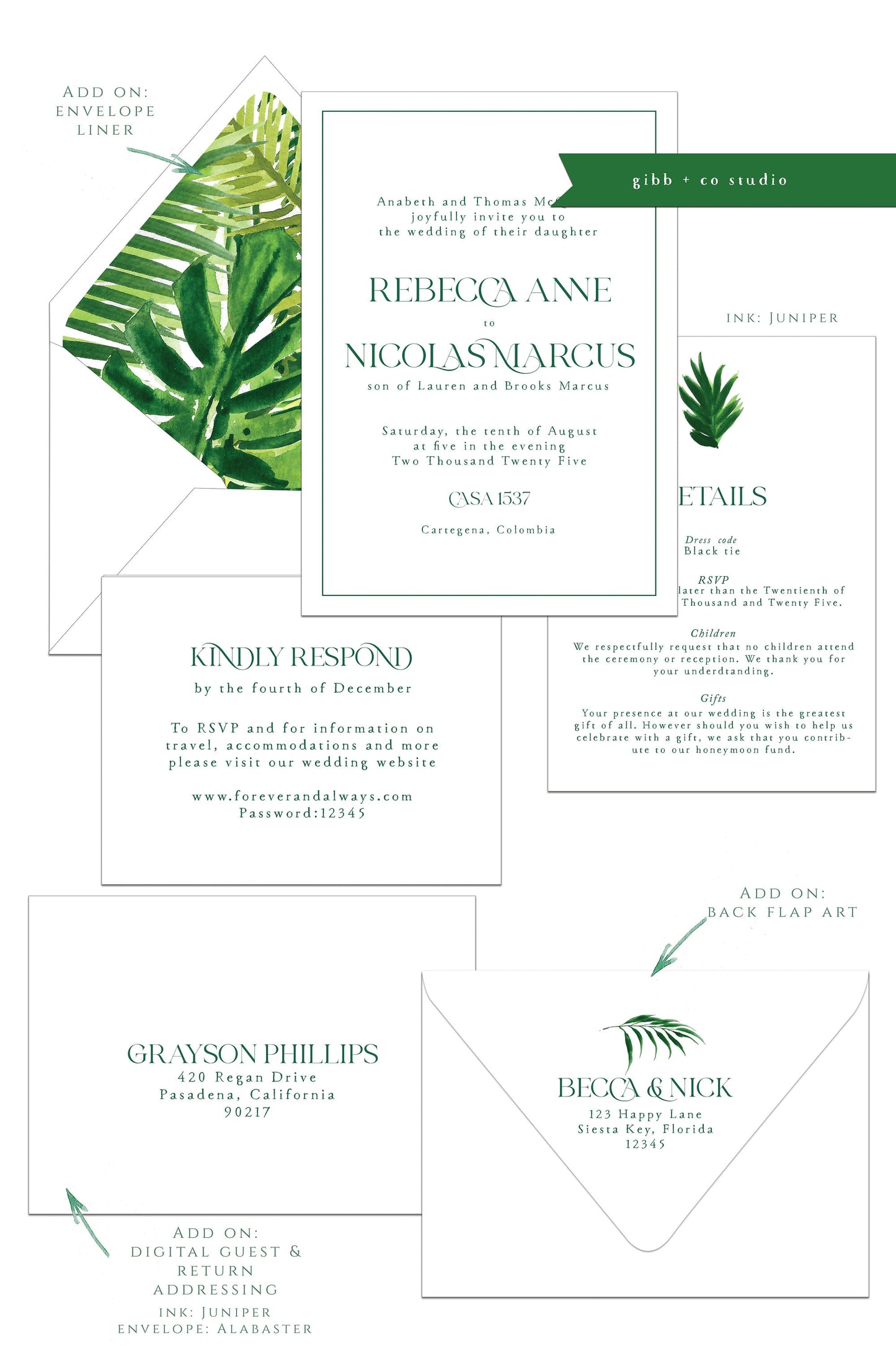 a green and white wedding suite with tropical leaves