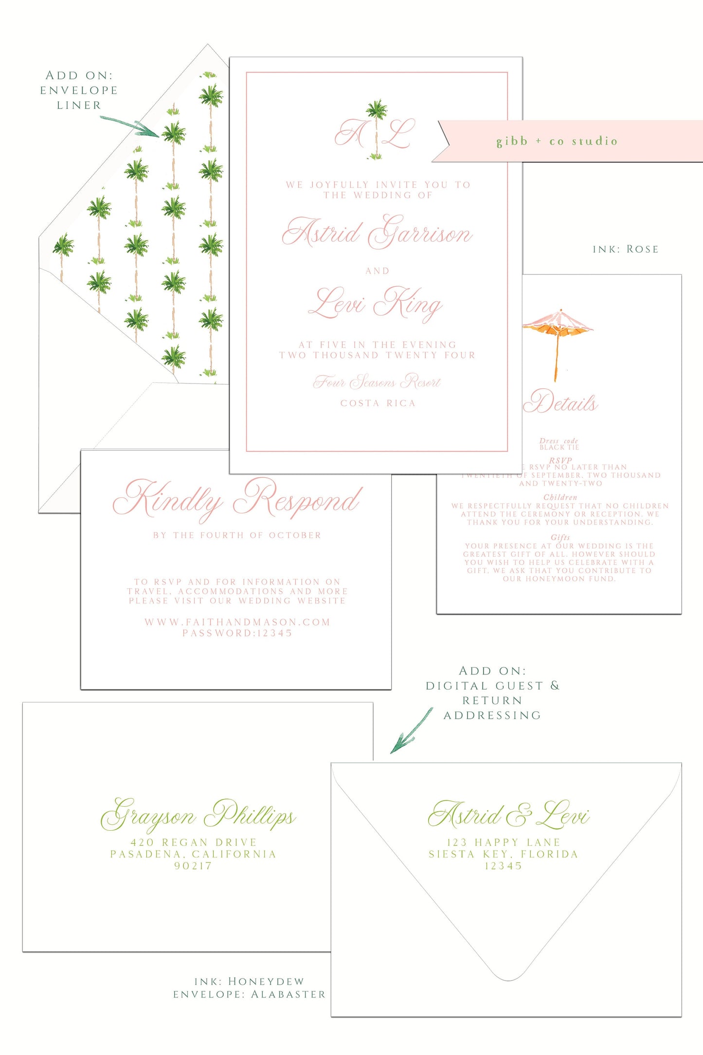 Printed tropical wedding invitations, Semi Custom printed wedding invitations, tropical, minimal, watercolor, wedding invitations, rsvp, details, Kylie Collection