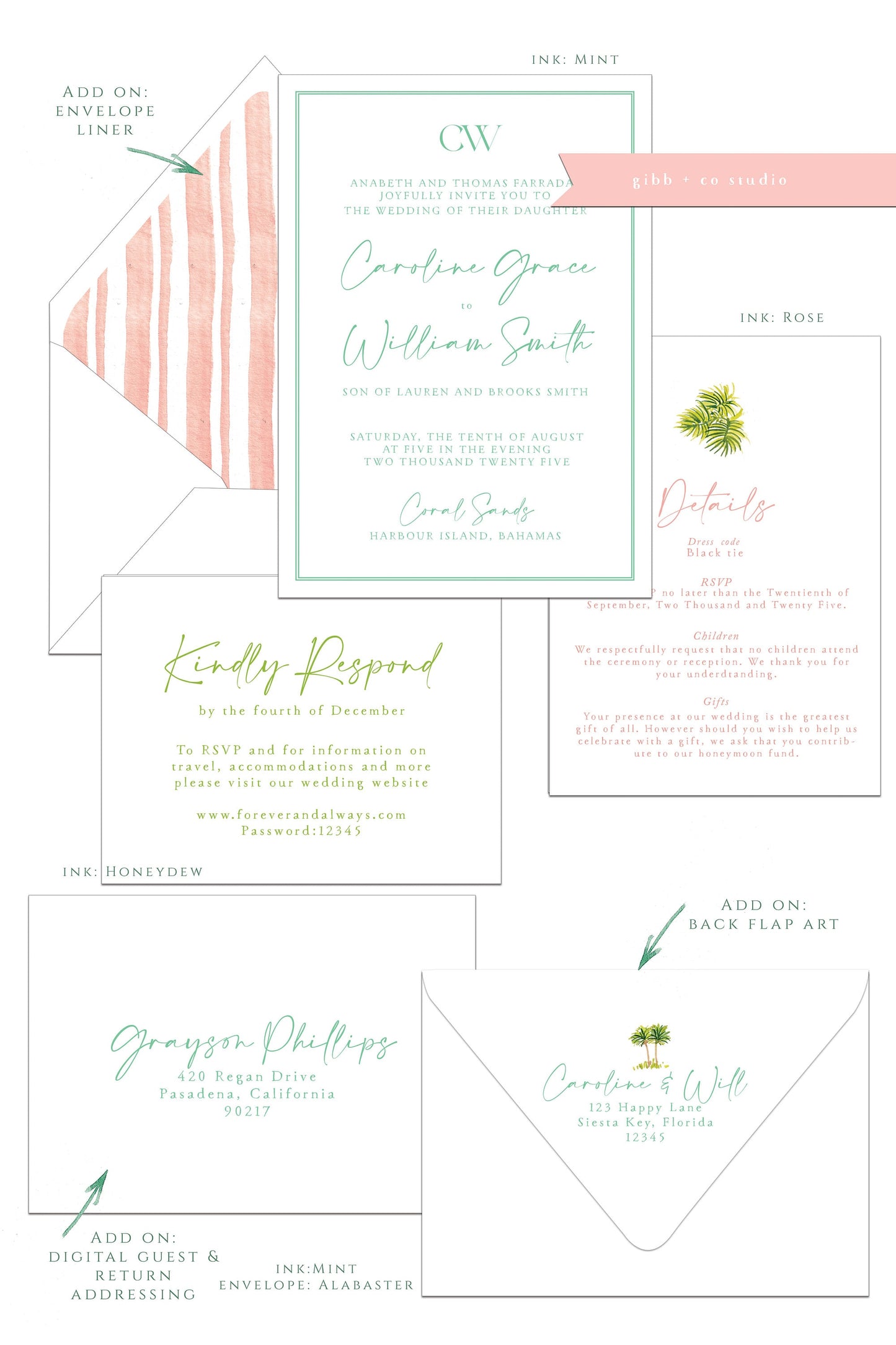 Printed tropical wedding invitations, Semi Custom printed wedding invitations, tropical, minimal, watercolor, wedding invitations, rsvp, details, Lucy Collection